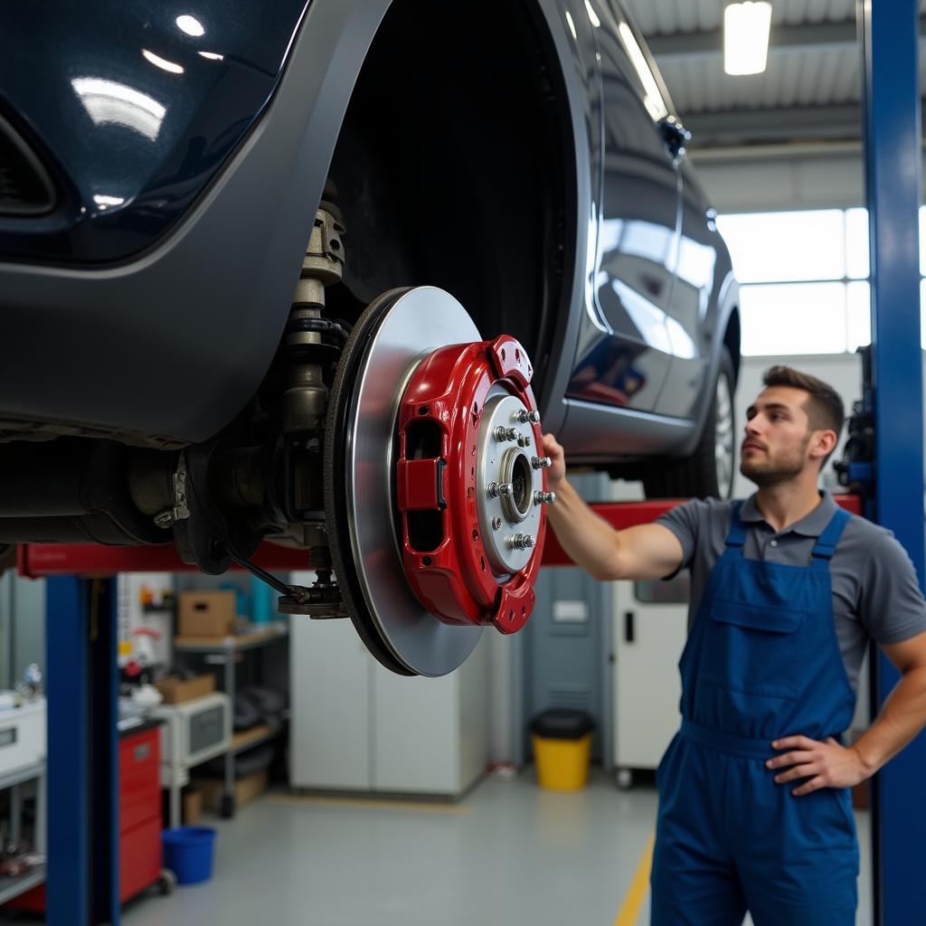 Car on a lift in a mechanic shop, focusing on the braking system