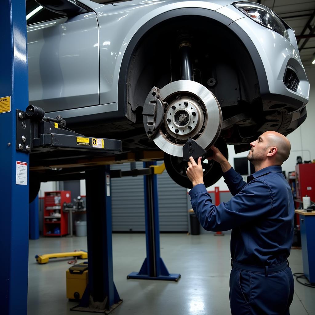 Car on a lift for brake inspection at a mechanic shop