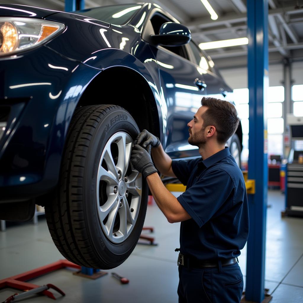 Car undergoing a brake inspection on a lift in a mechanic's garage