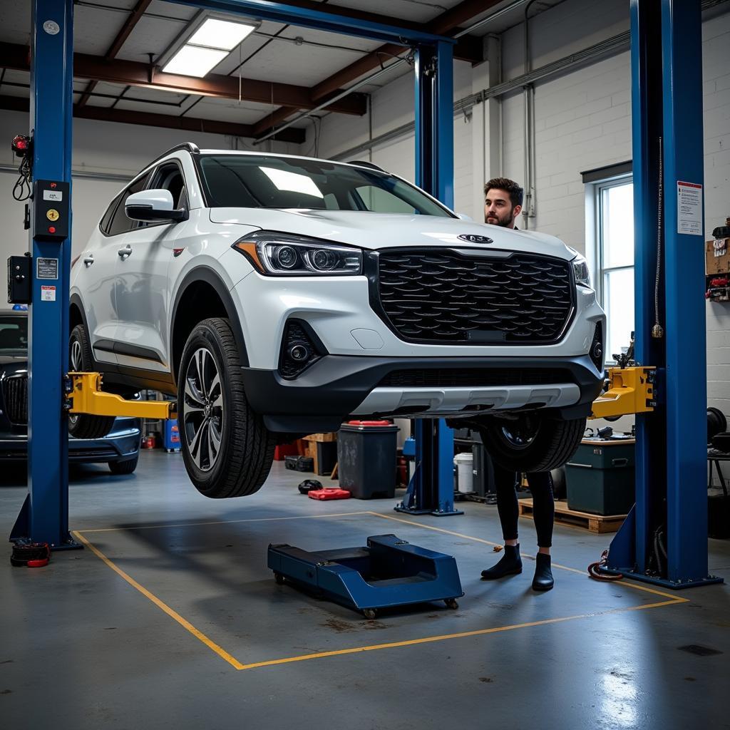 Car Undergoing Inspection in a Garage