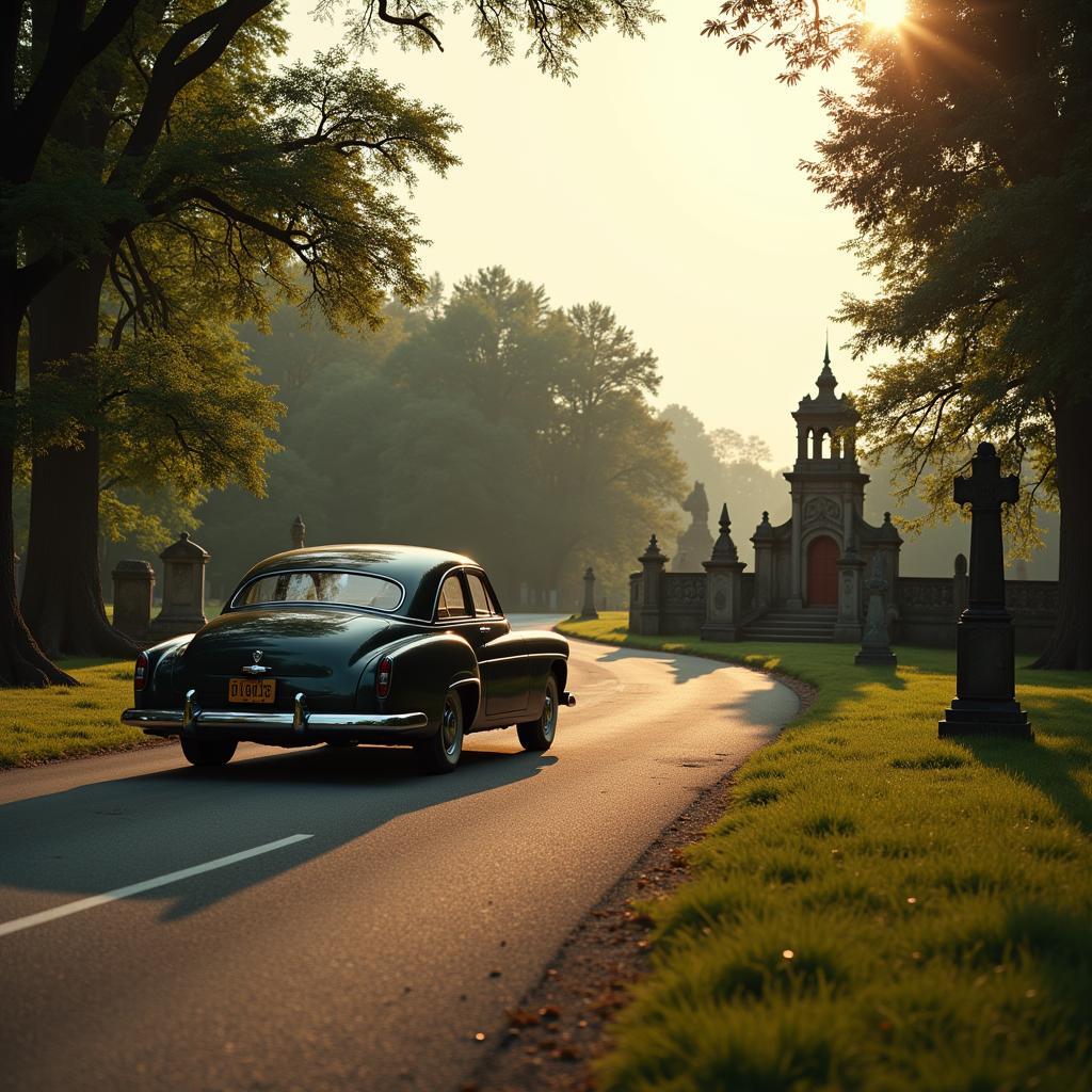 Car driving past a graveyard