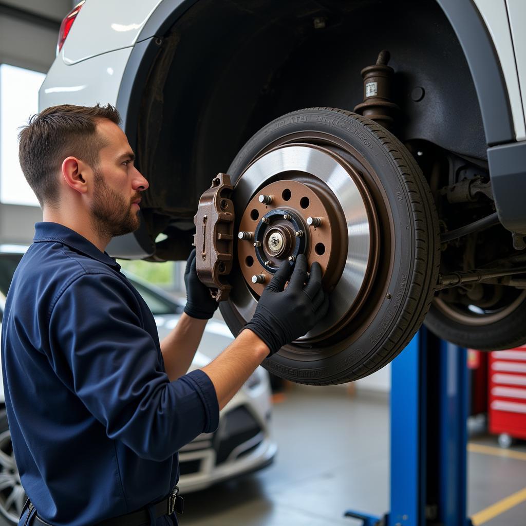 Car Undergoing Brake Inspection