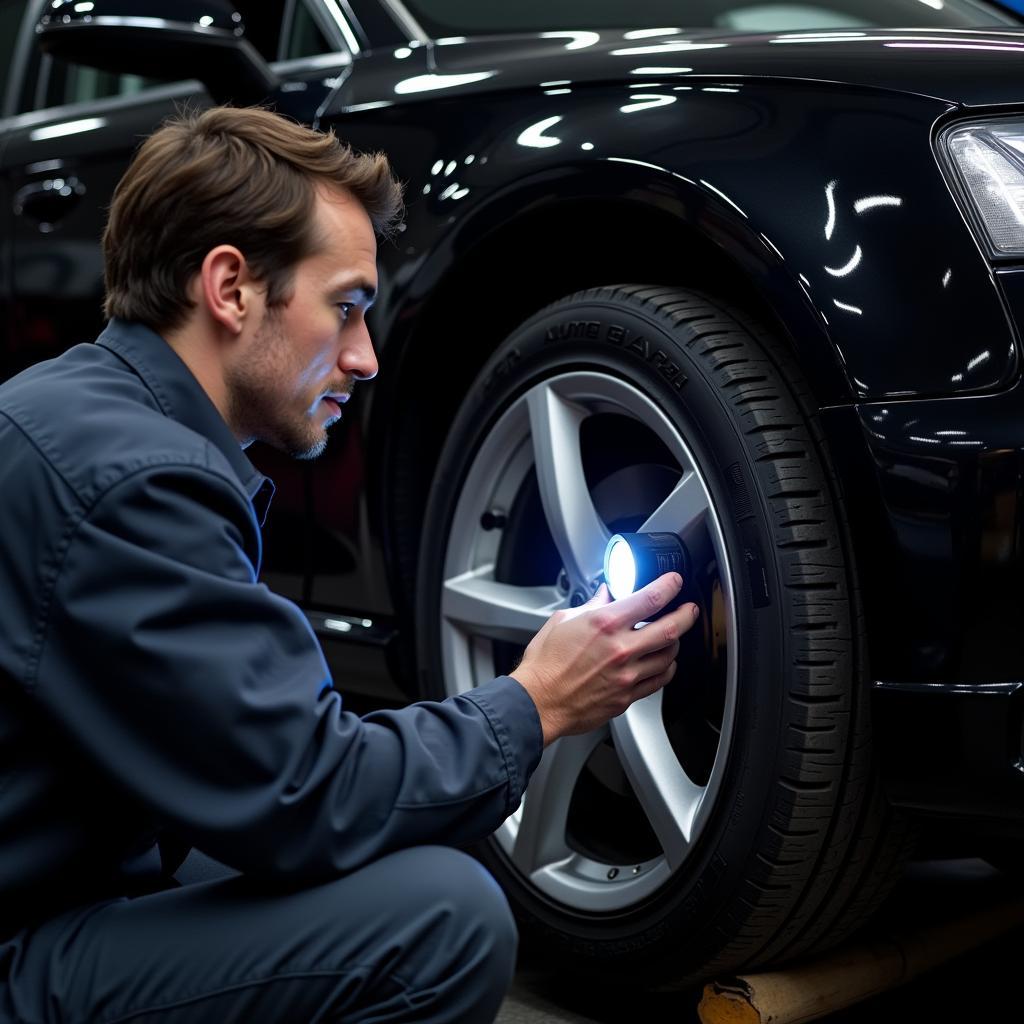 Mechanic inspecting the brake fluid level in an Audi A4