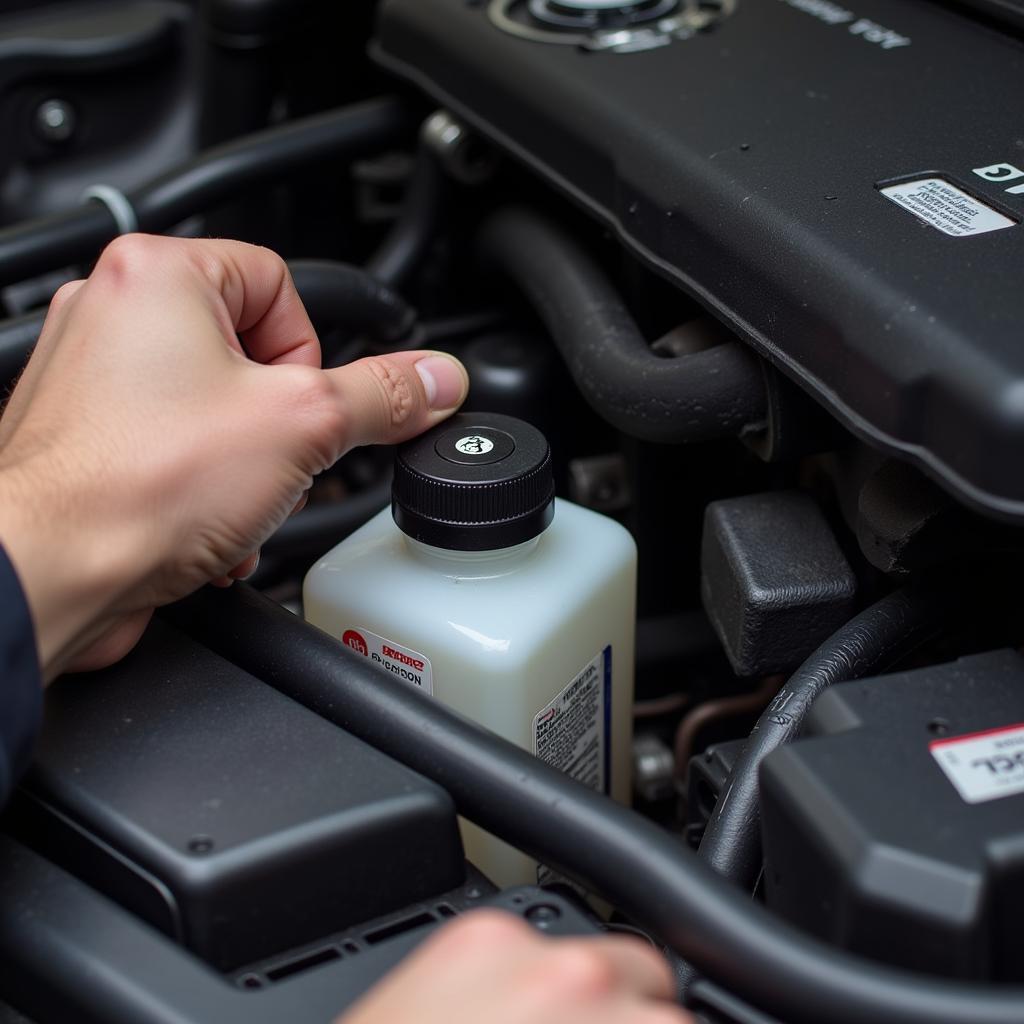 A person checking the brake fluid level in a BMW X5