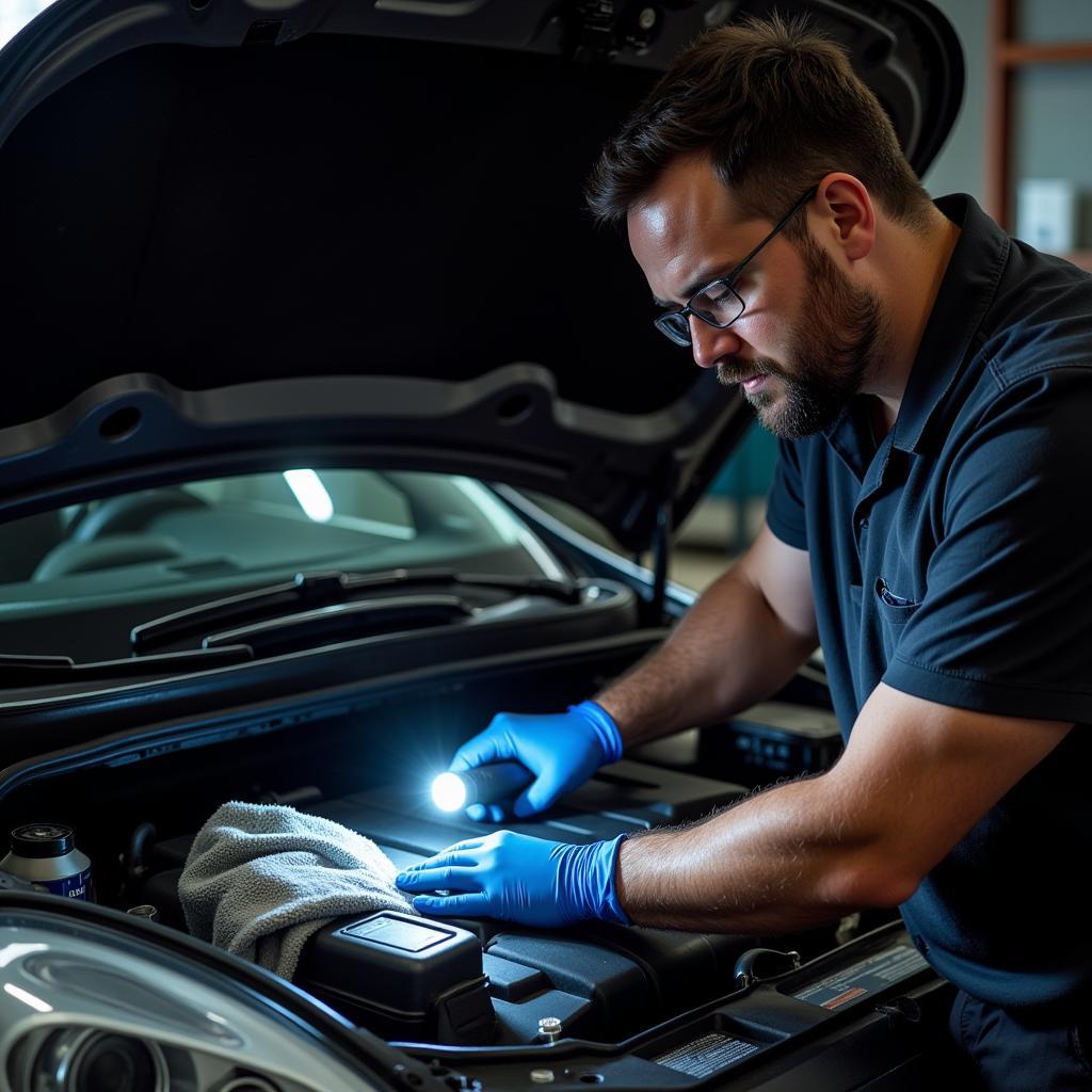 Mechanic checking car brake fluid level