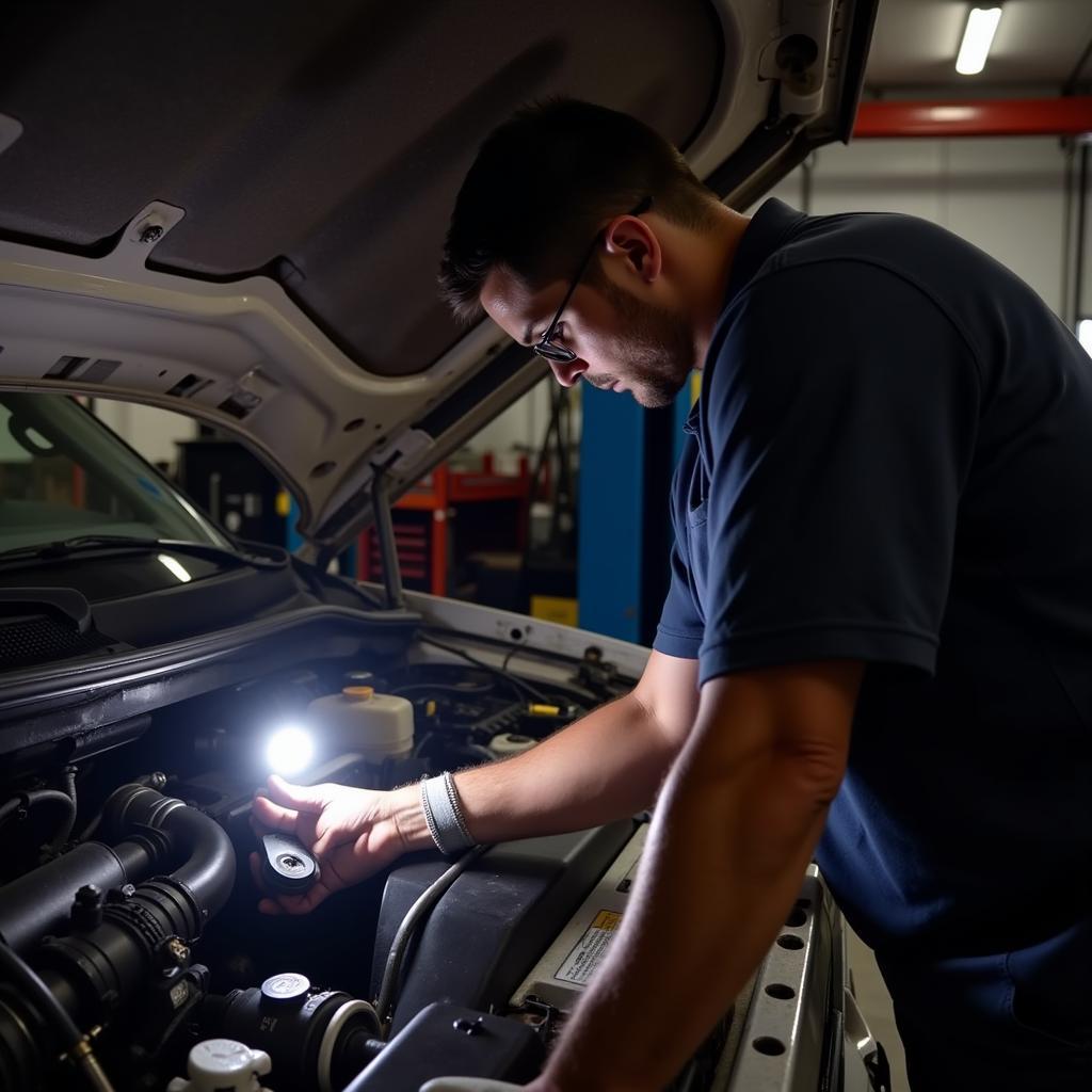 Mechanic Checking Brake Fluid Level in 2005 F150