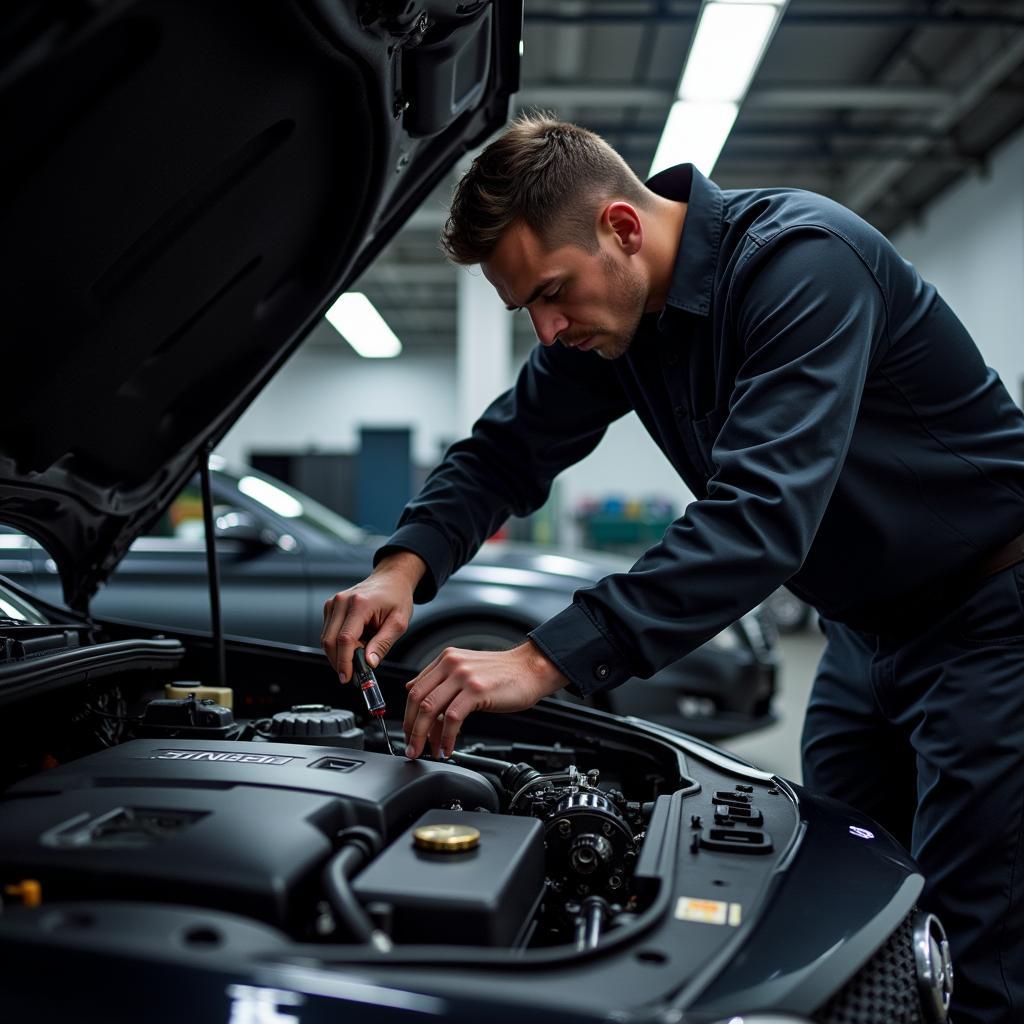 Mechanic Checking Brake Fluid in Infiniti Q70