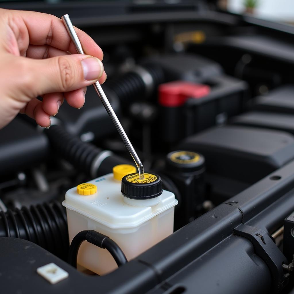 A person checking the brake fluid level in a car