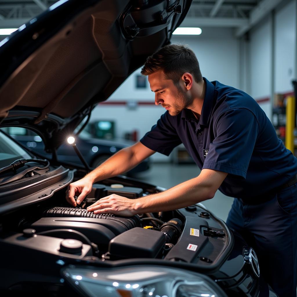 Mechanic checking brake fluid level in a car