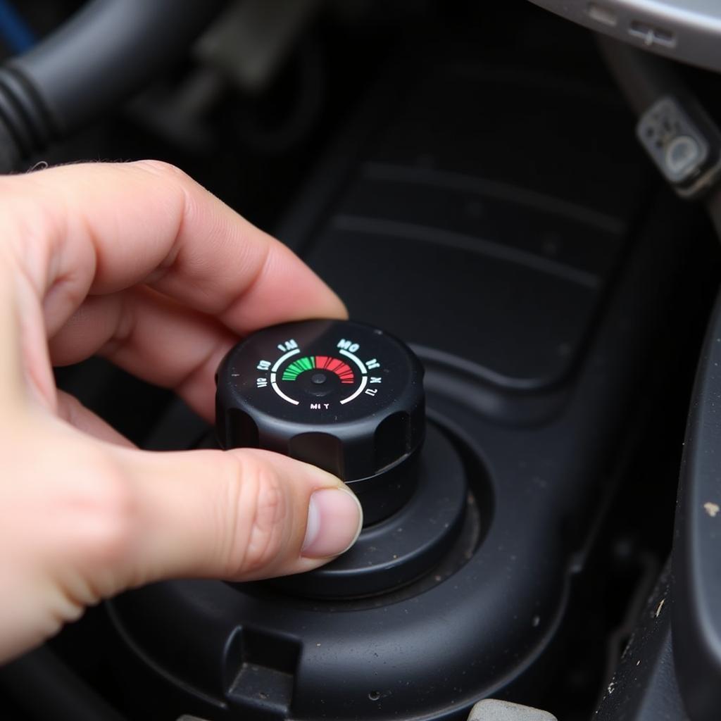 A person checking the brake fluid level in a vehicle