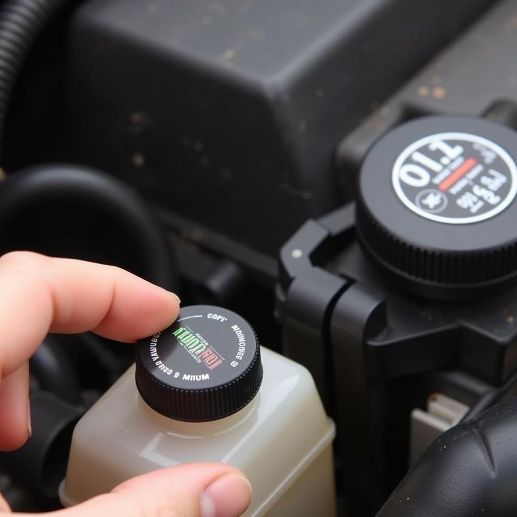 A person checking the brake fluid level in a car