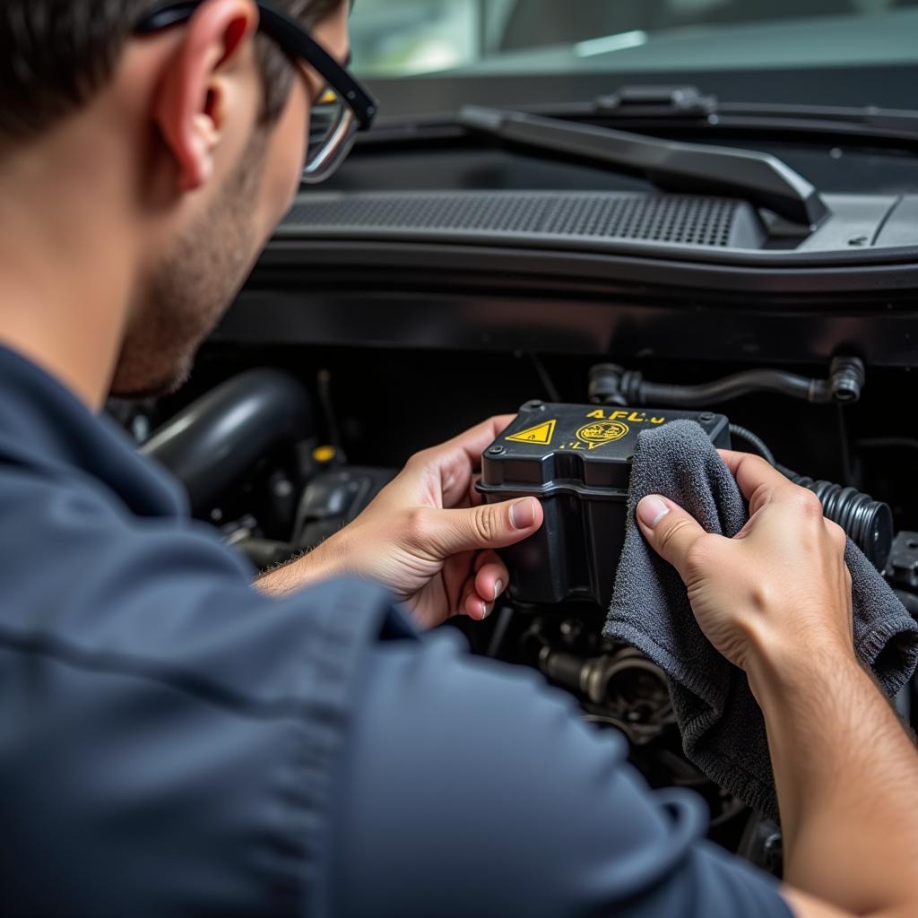 Mechanic Checking Brake Fluid in a Car