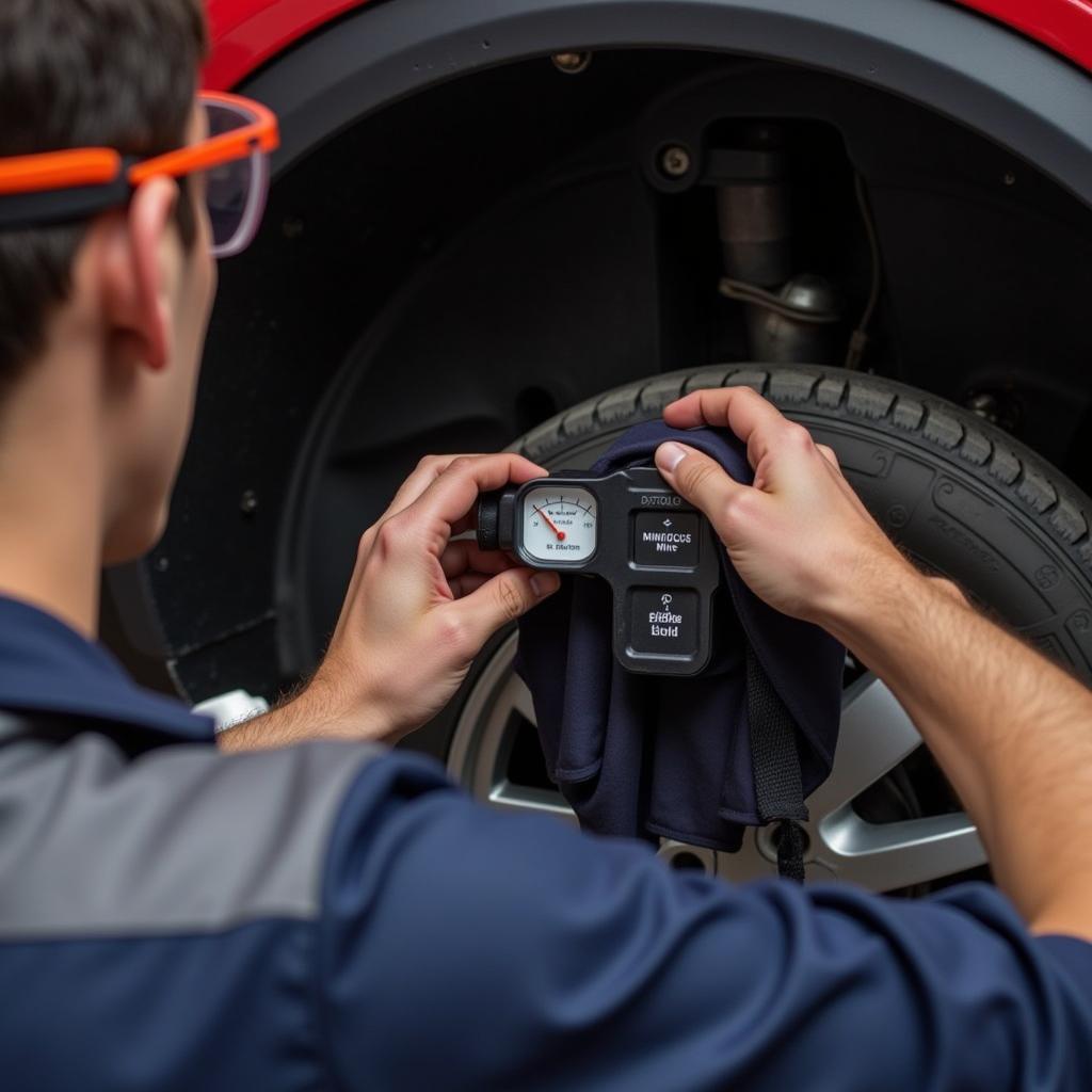 Mechanic checking car brake fluid level