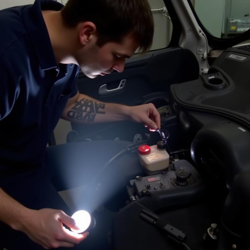 Mechanic inspecting brake fluid level