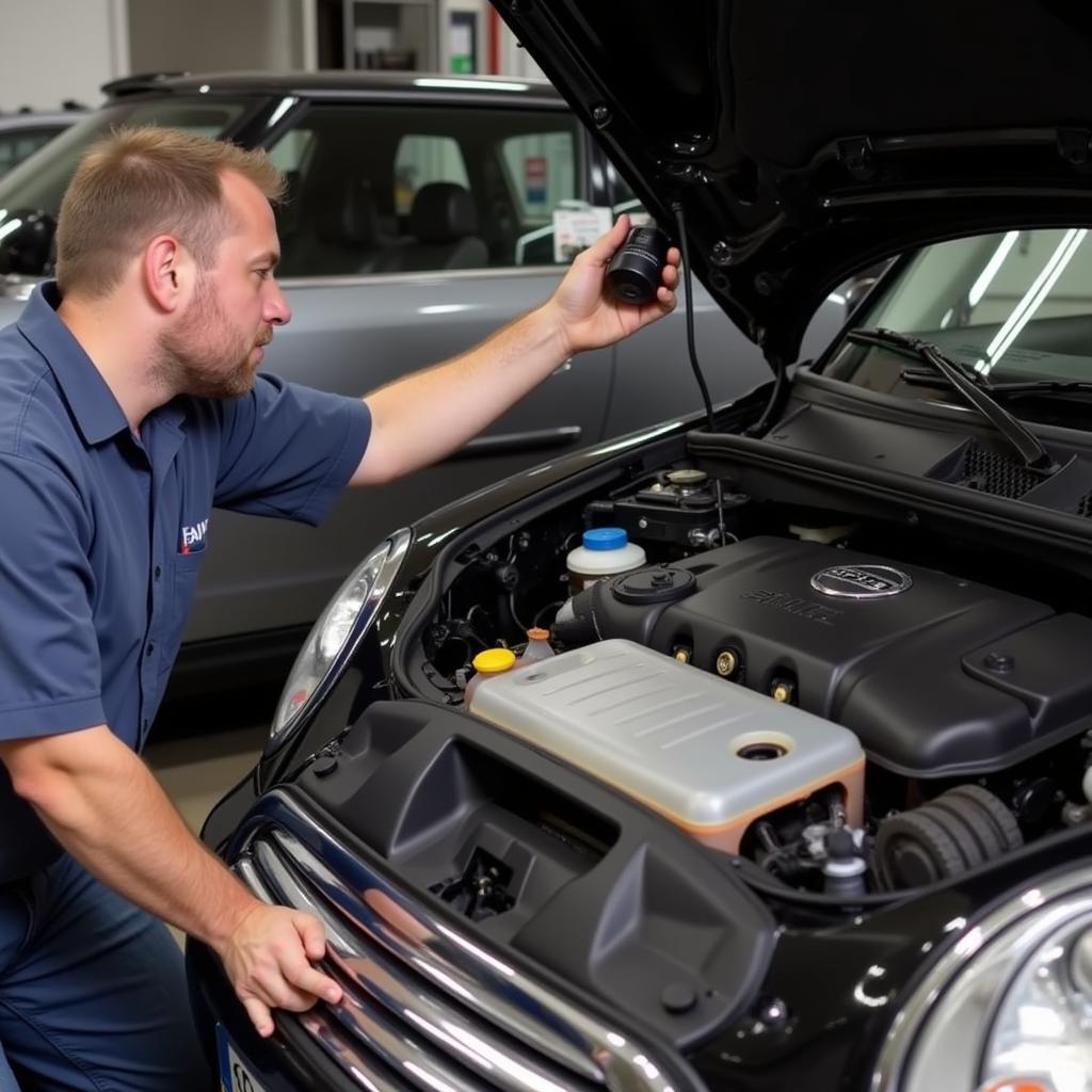 Mechanic Checking Brake Fluid in a 2007 Mini Cooper