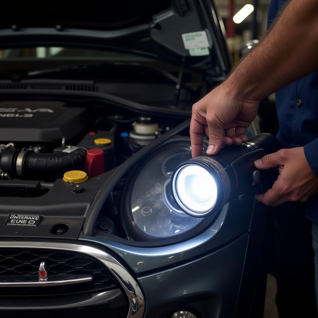 Mechanic Checking Brake Fluid Level in a Mini Cooper