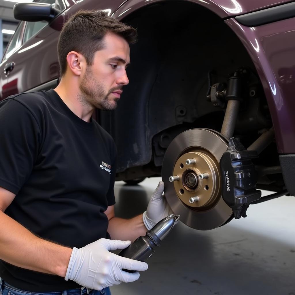 Mechanic inspecting brake pads