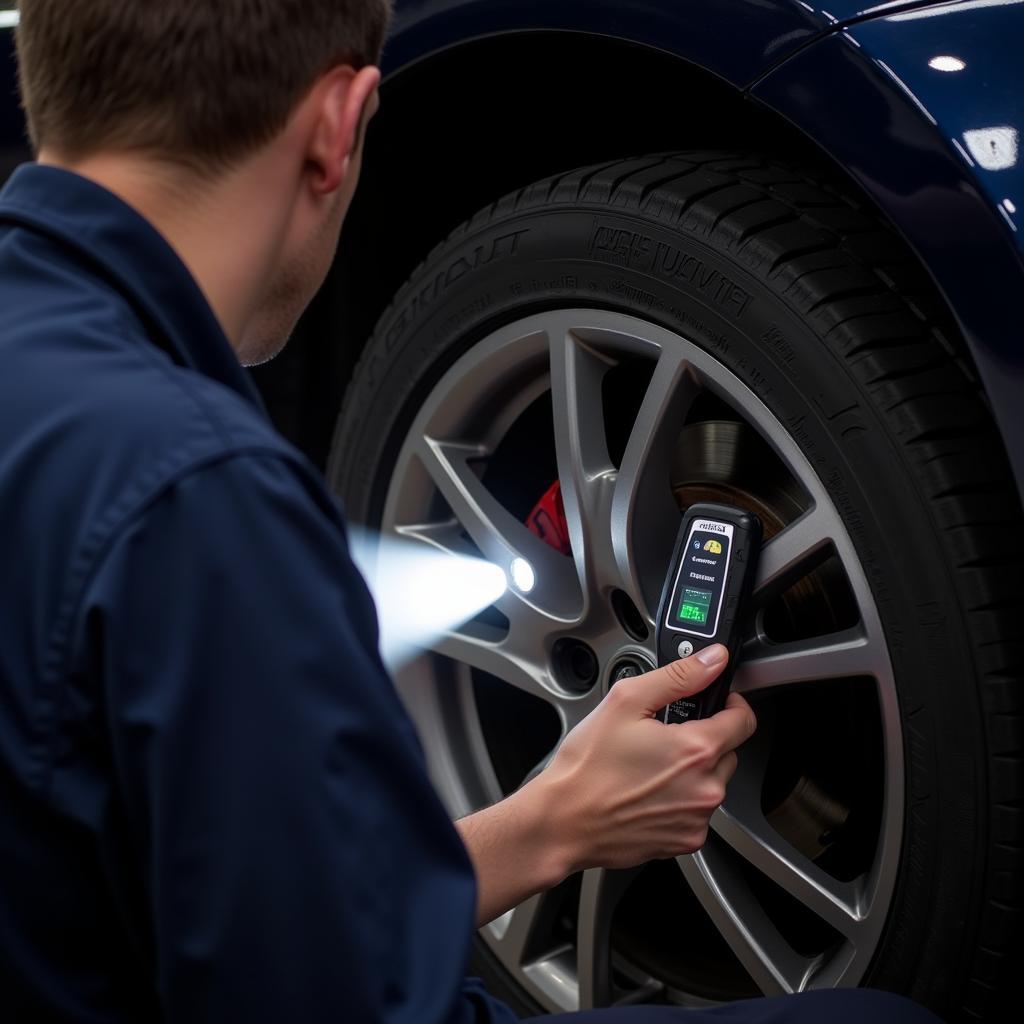 Inspecting brake pad thickness on a Seat Alhambra