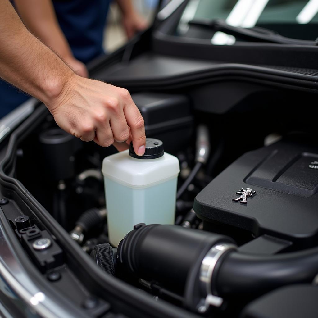 A person checking the brake fluid level in a Peugeot 3008 engine bay.