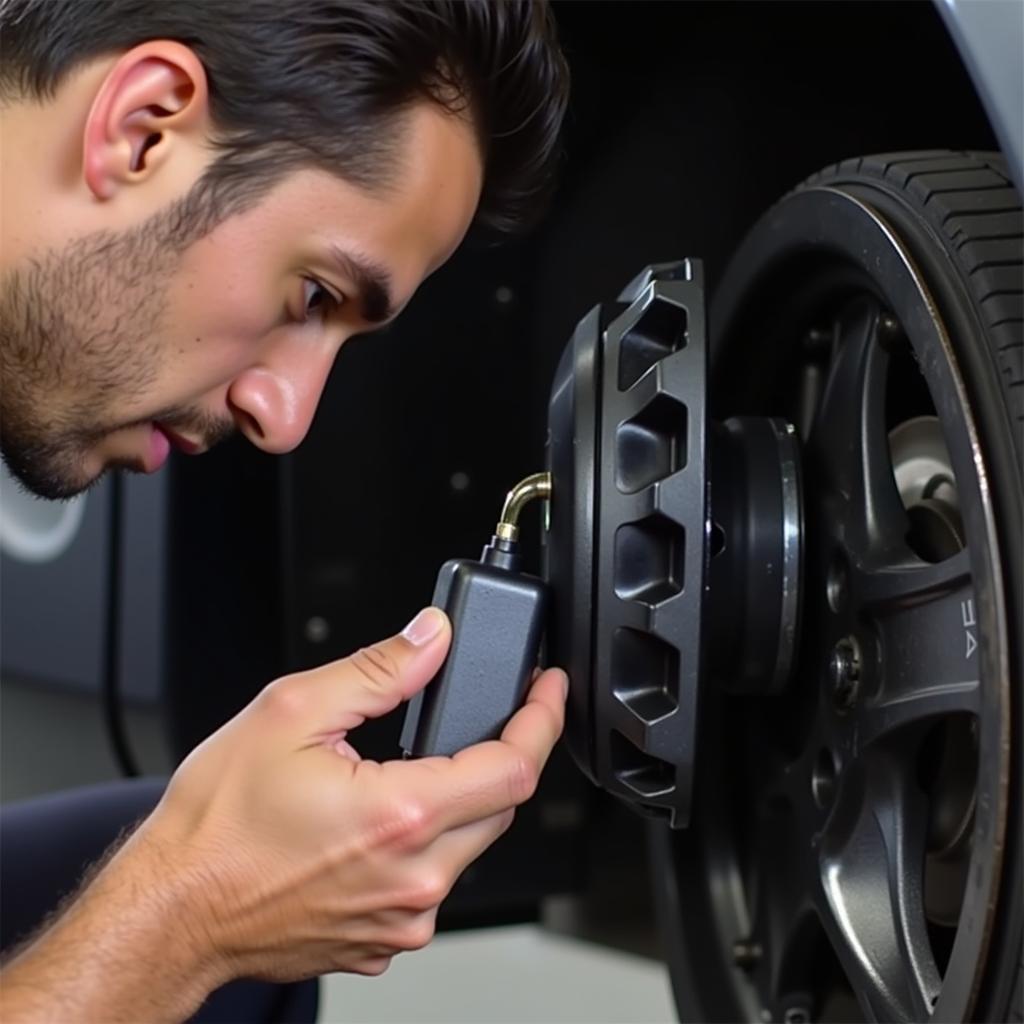 Mechanic Checking Porsche Brake Pad Wear Sensor