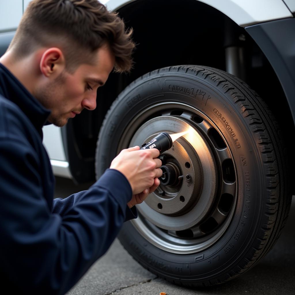 Mechanic Checking Sprinter Brake Pads