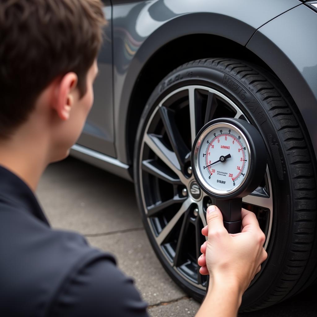 Checking tyre pressure on a Seat Leon using a gauge