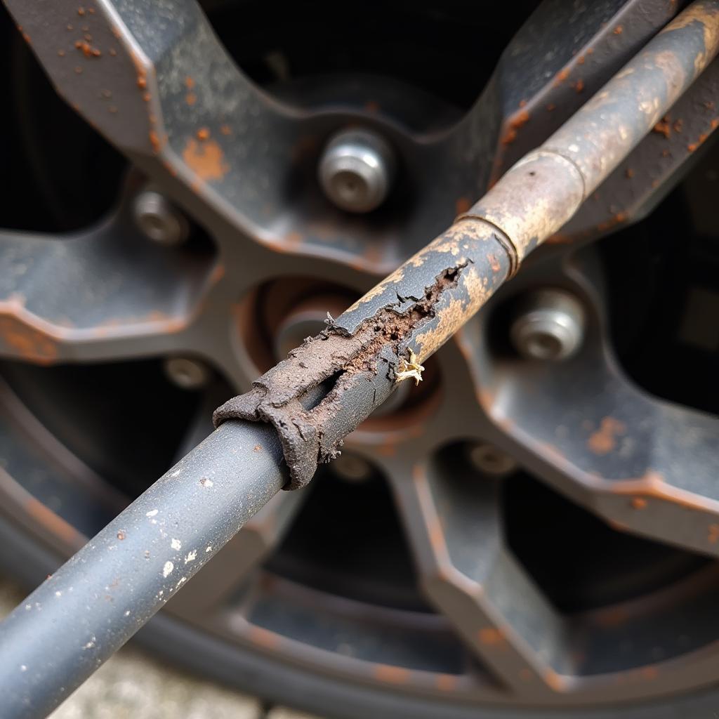 Damaged parking brake cable on car