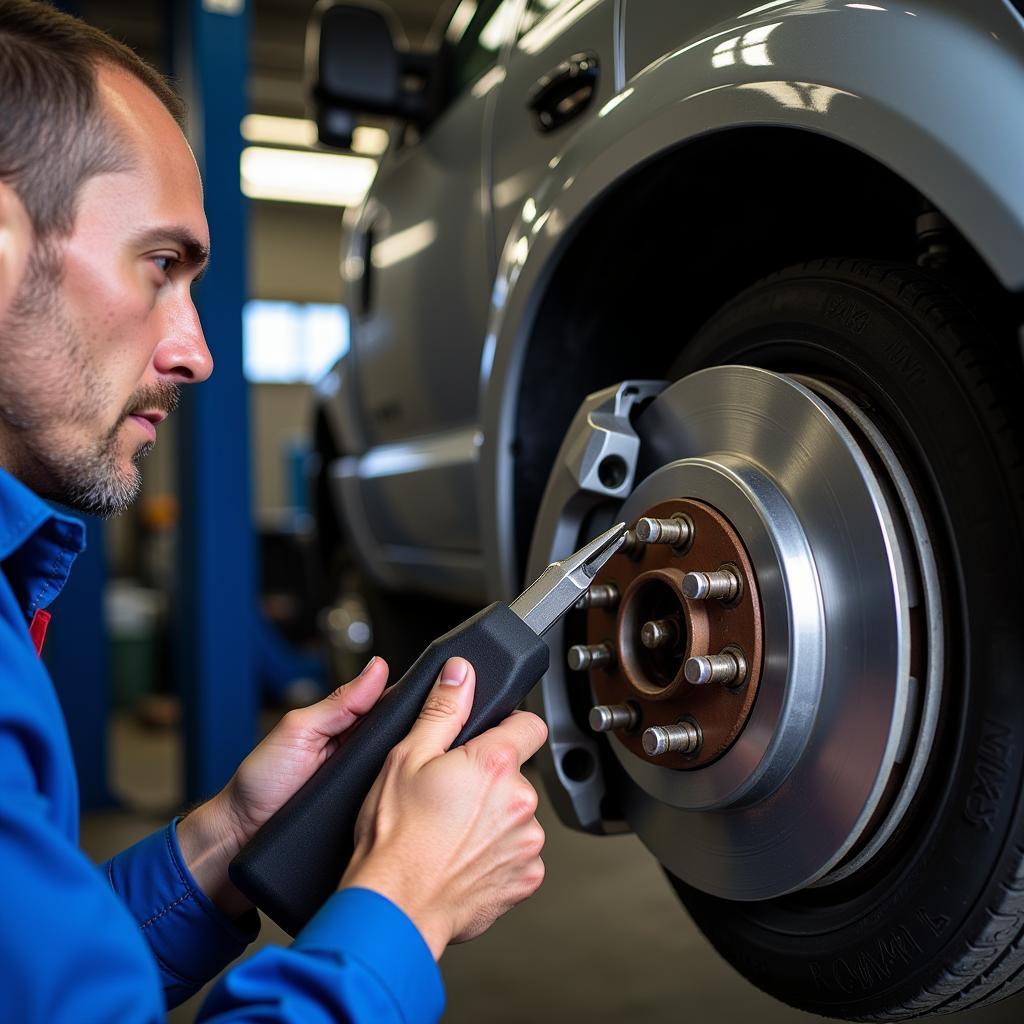 Professional Mechanic Inspecting Ford F650 Brakes