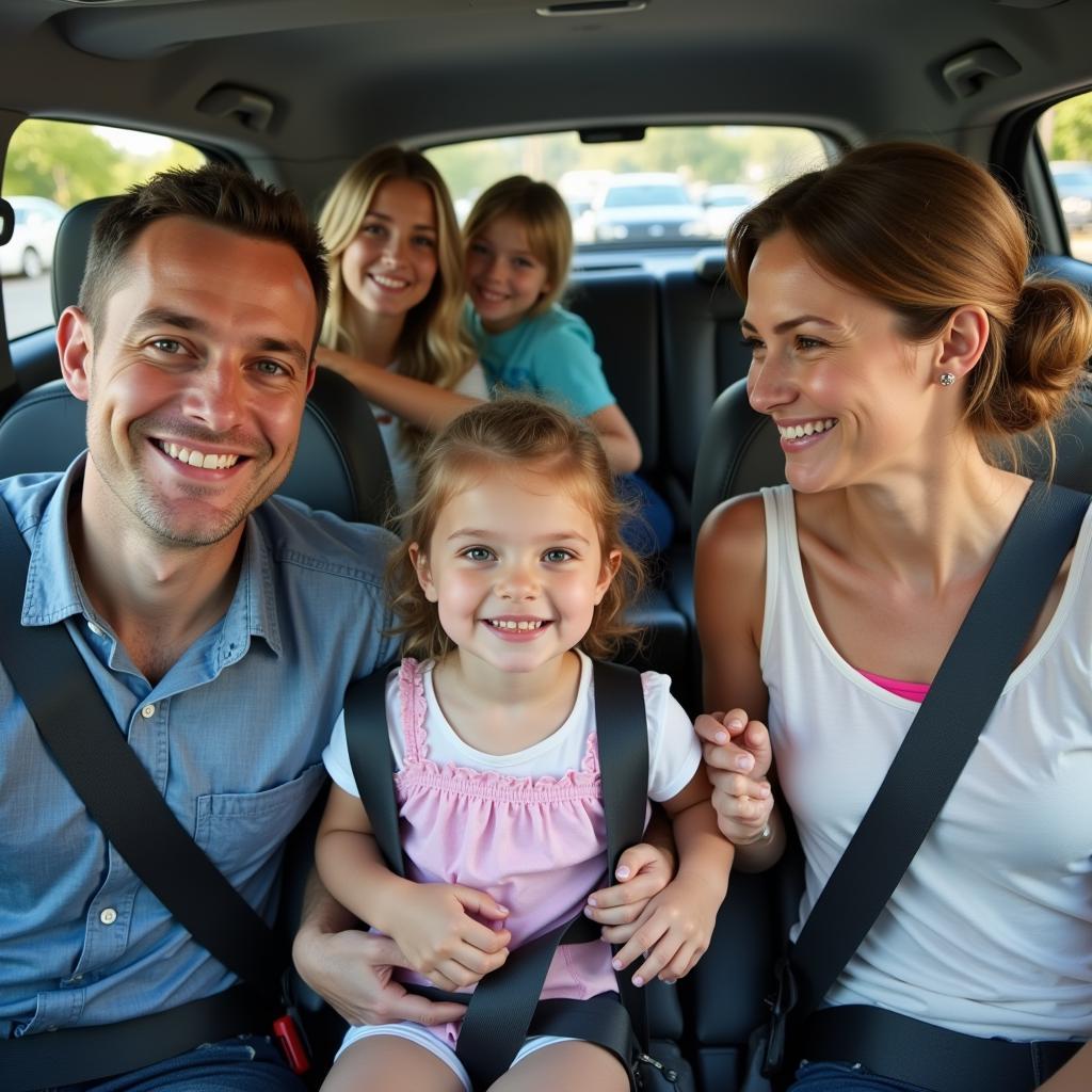 Family buckling their seat belts before driving