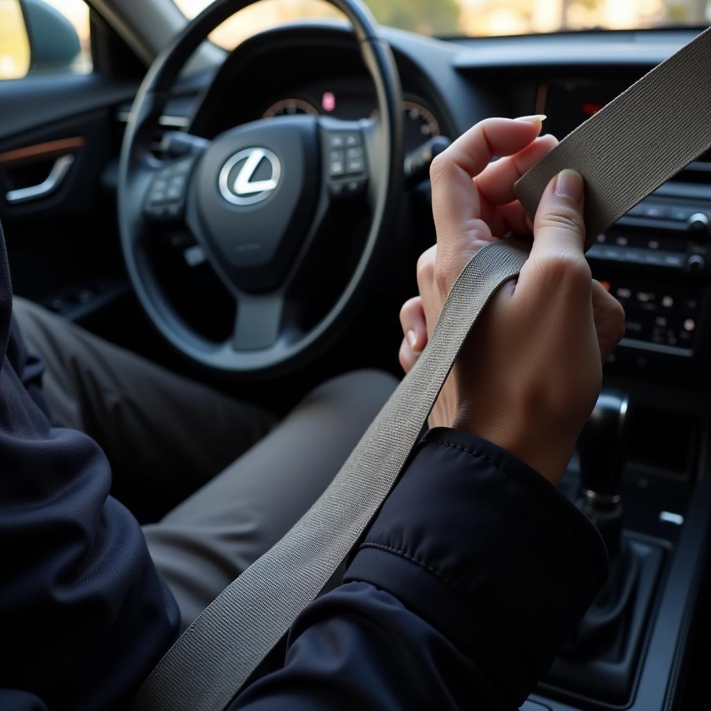 Driver Fastening Seat Belt in a Lexus