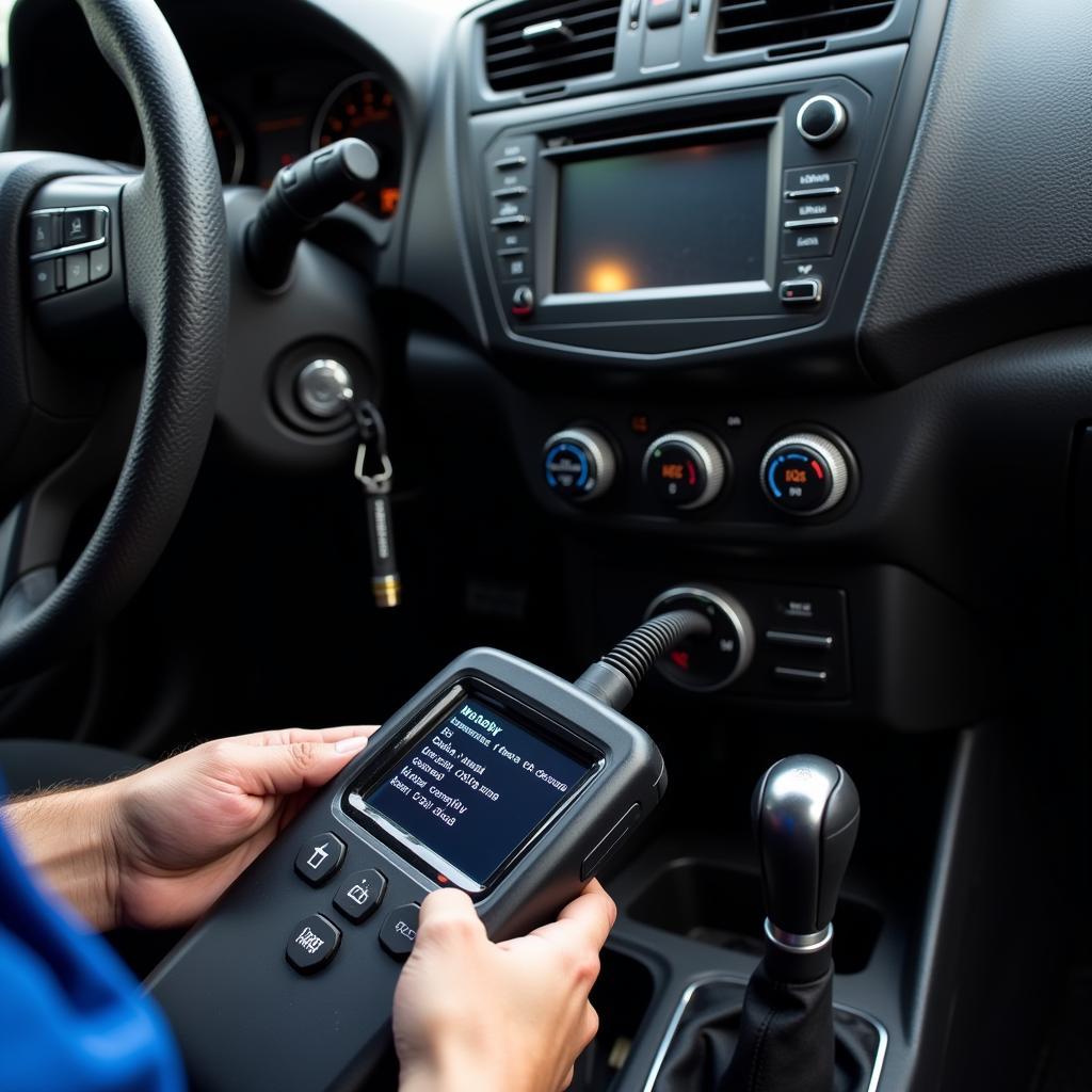 Mechanic using a diagnostic tool on a car