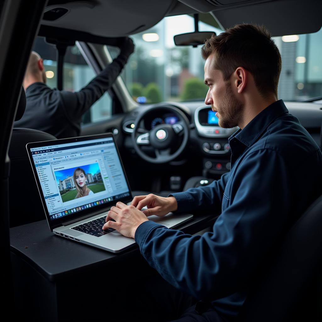 Technician Performing Remote Diagnostics on a Fiat Grande Punto