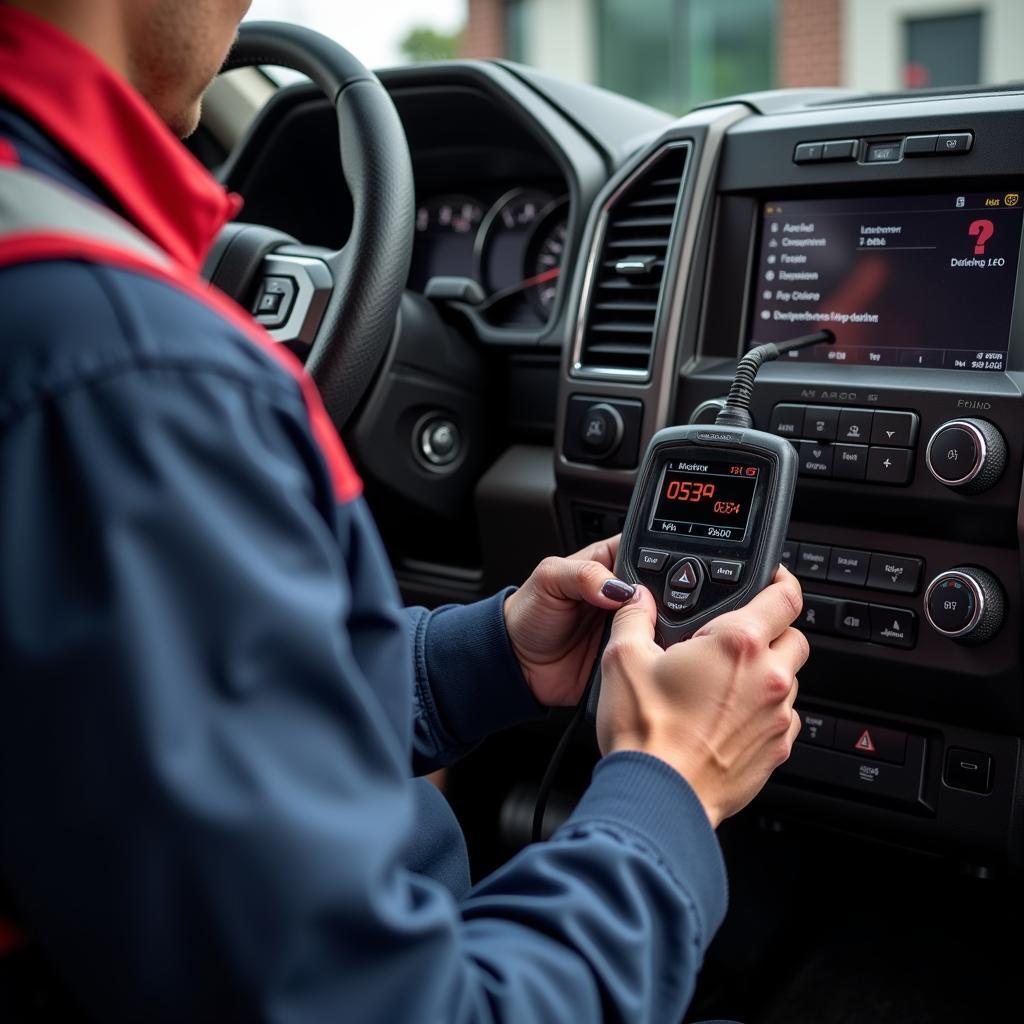 Performing a diagnostic scan on a Ford F150 at a repair shop