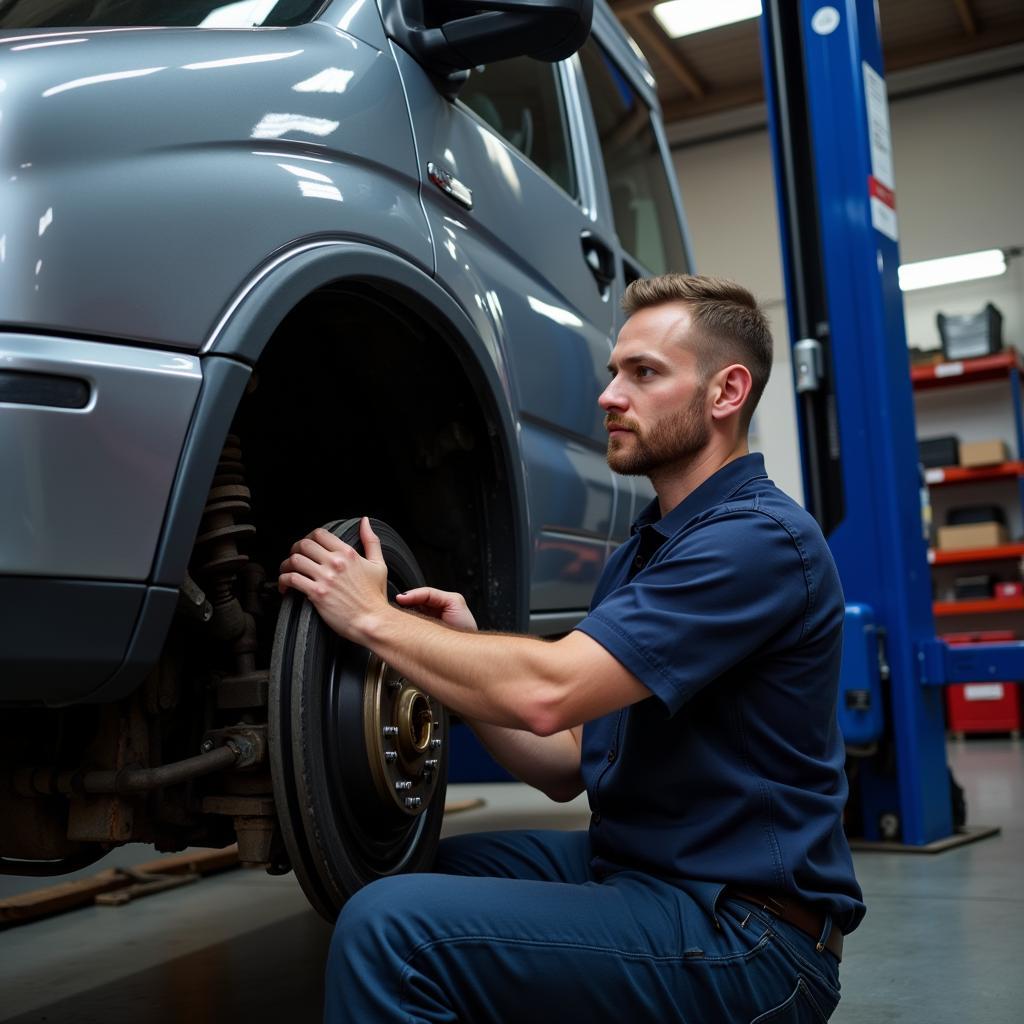 Mechanic replacing brake pads on a Ford Transit