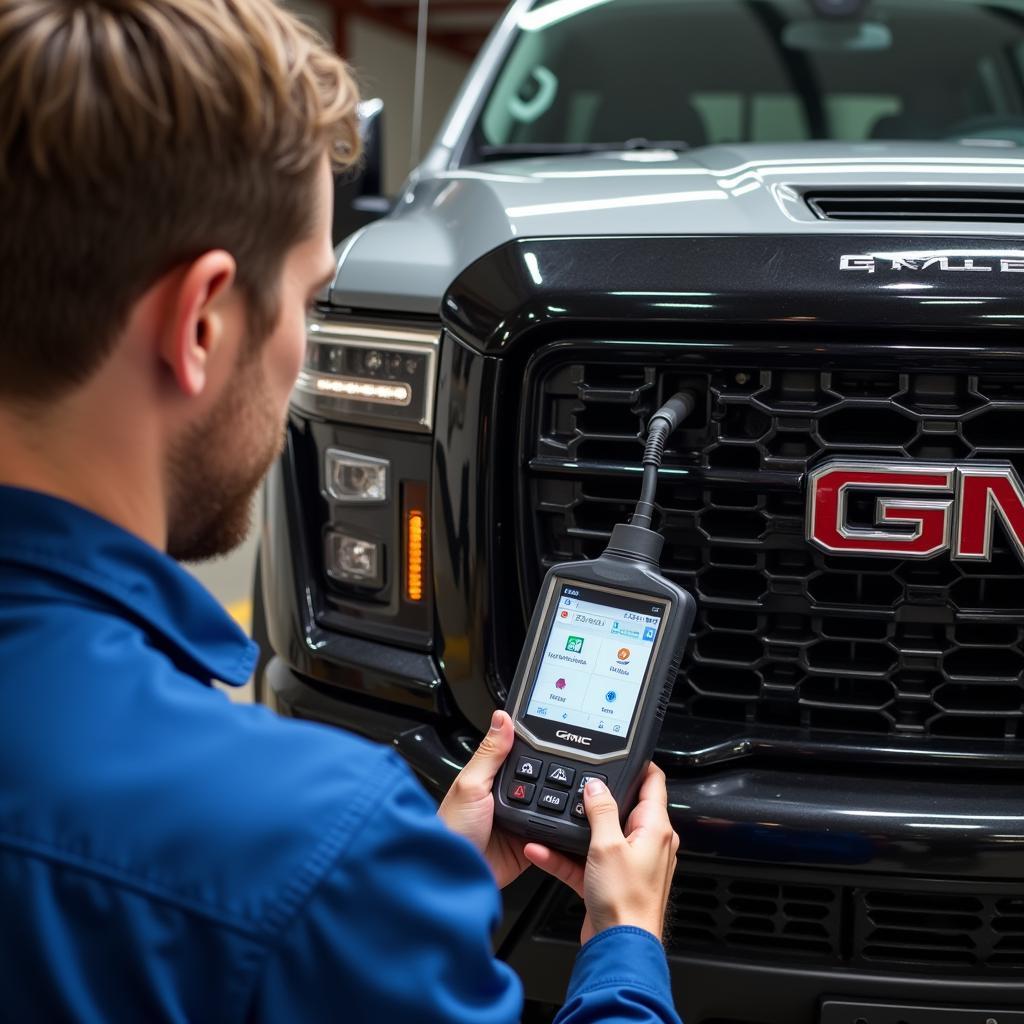  A GMC vehicle undergoing a professional inspection in a well-lit garage. 