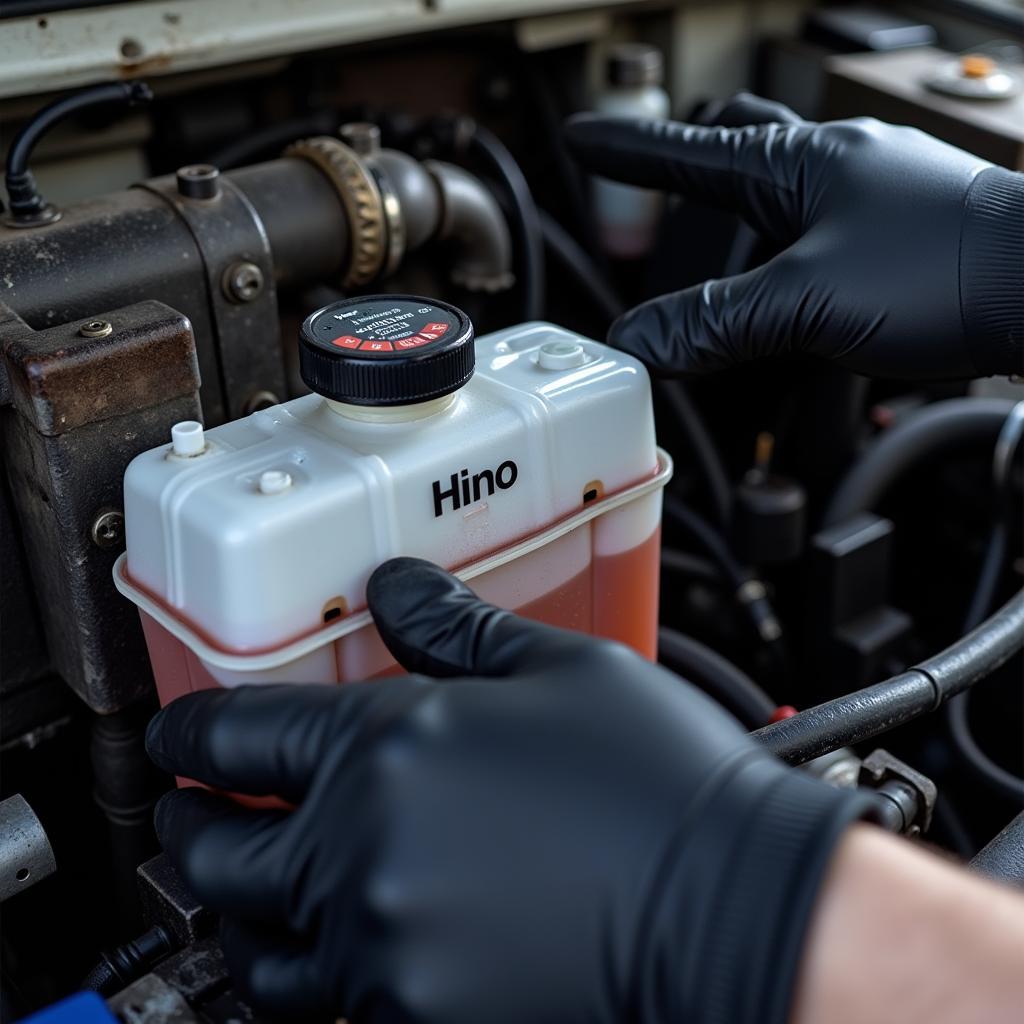 Checking the brake fluid level in a Hino truck