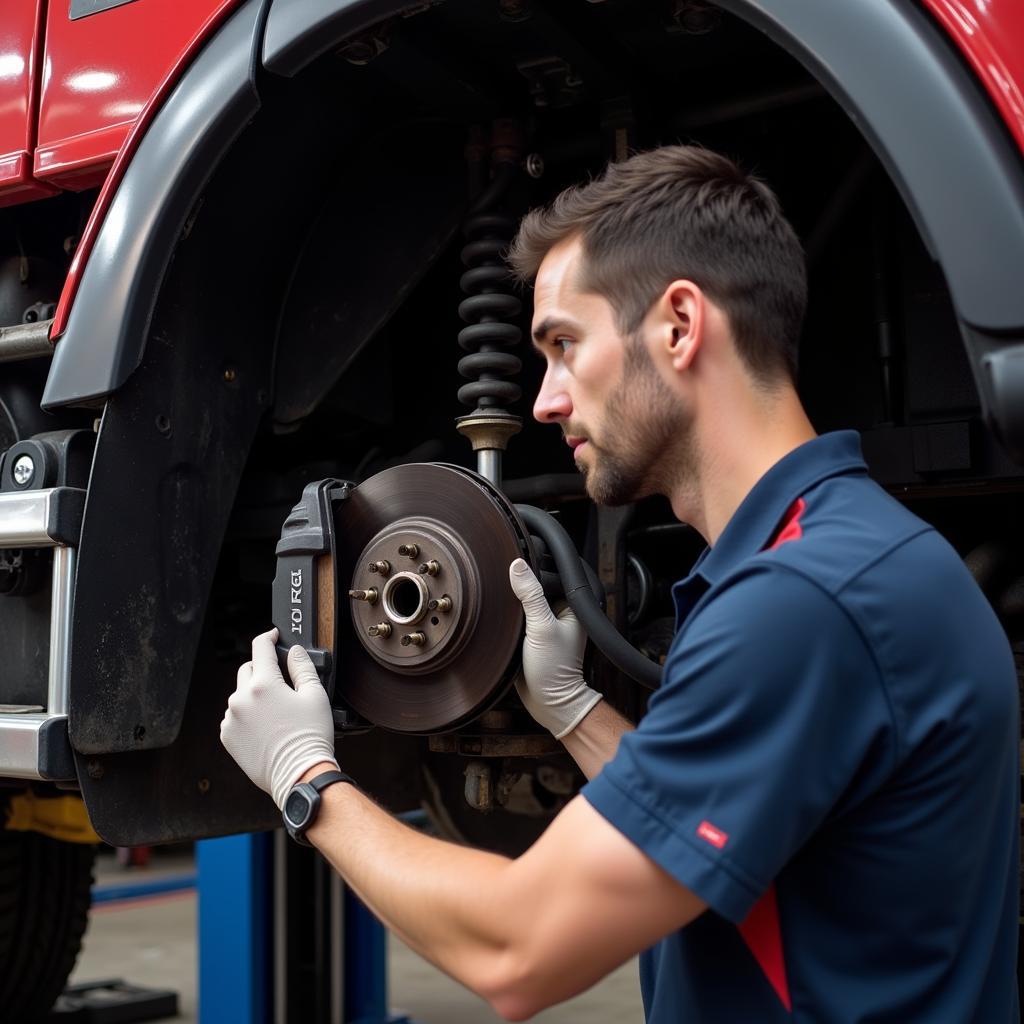 Mechanic inspecting the brake system of a Hino truck