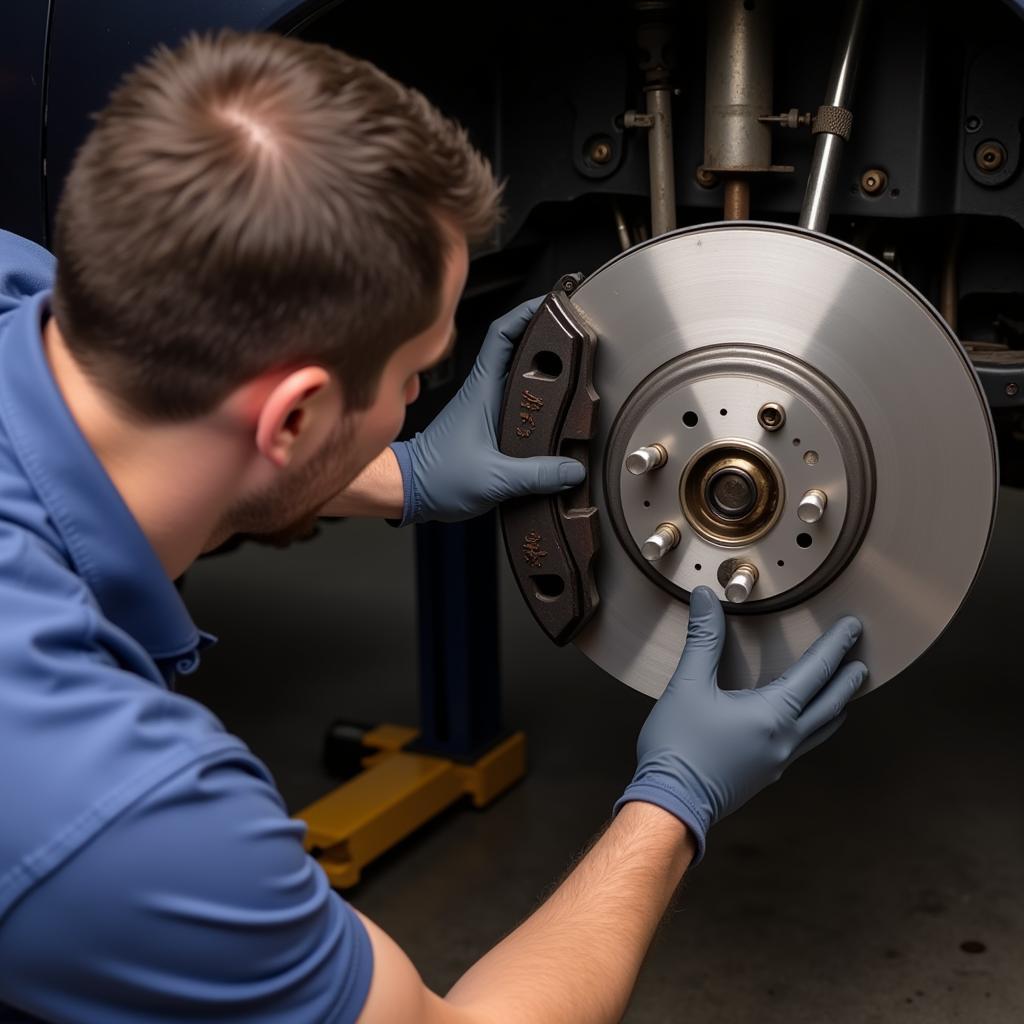 Mechanic Checking Brake Pads on a 2010 Infiniti QX56