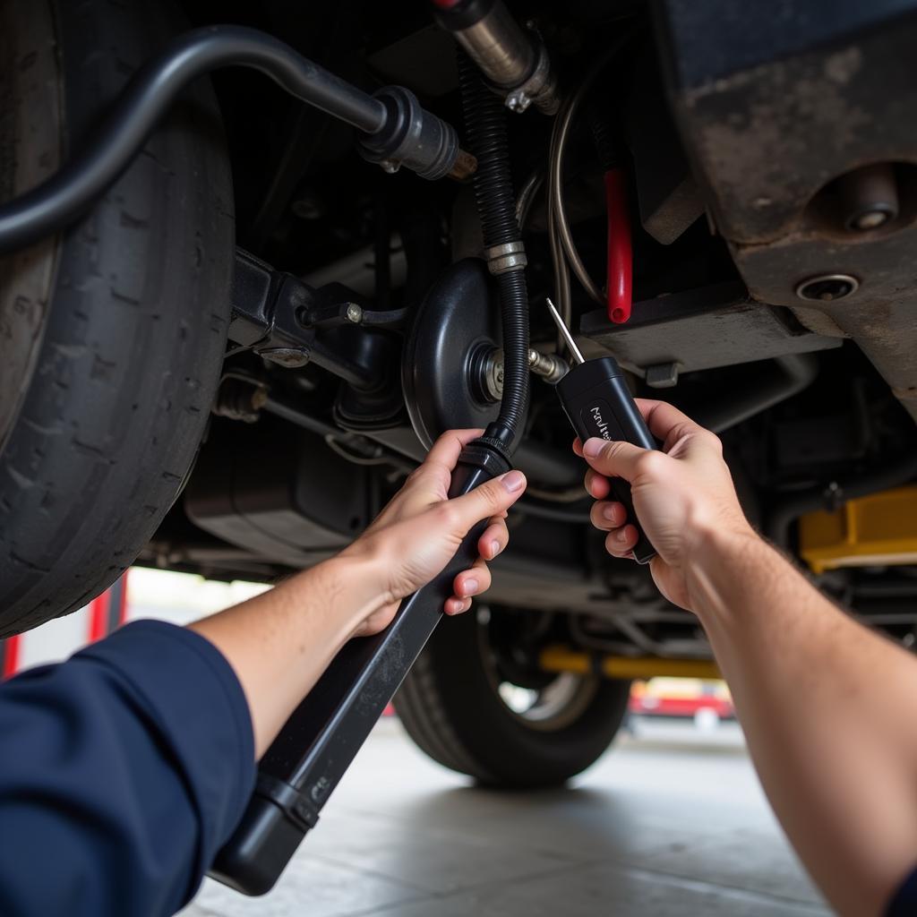  Mechanic Inspecting the Emergency Brake Cable of a Nissan 370z 