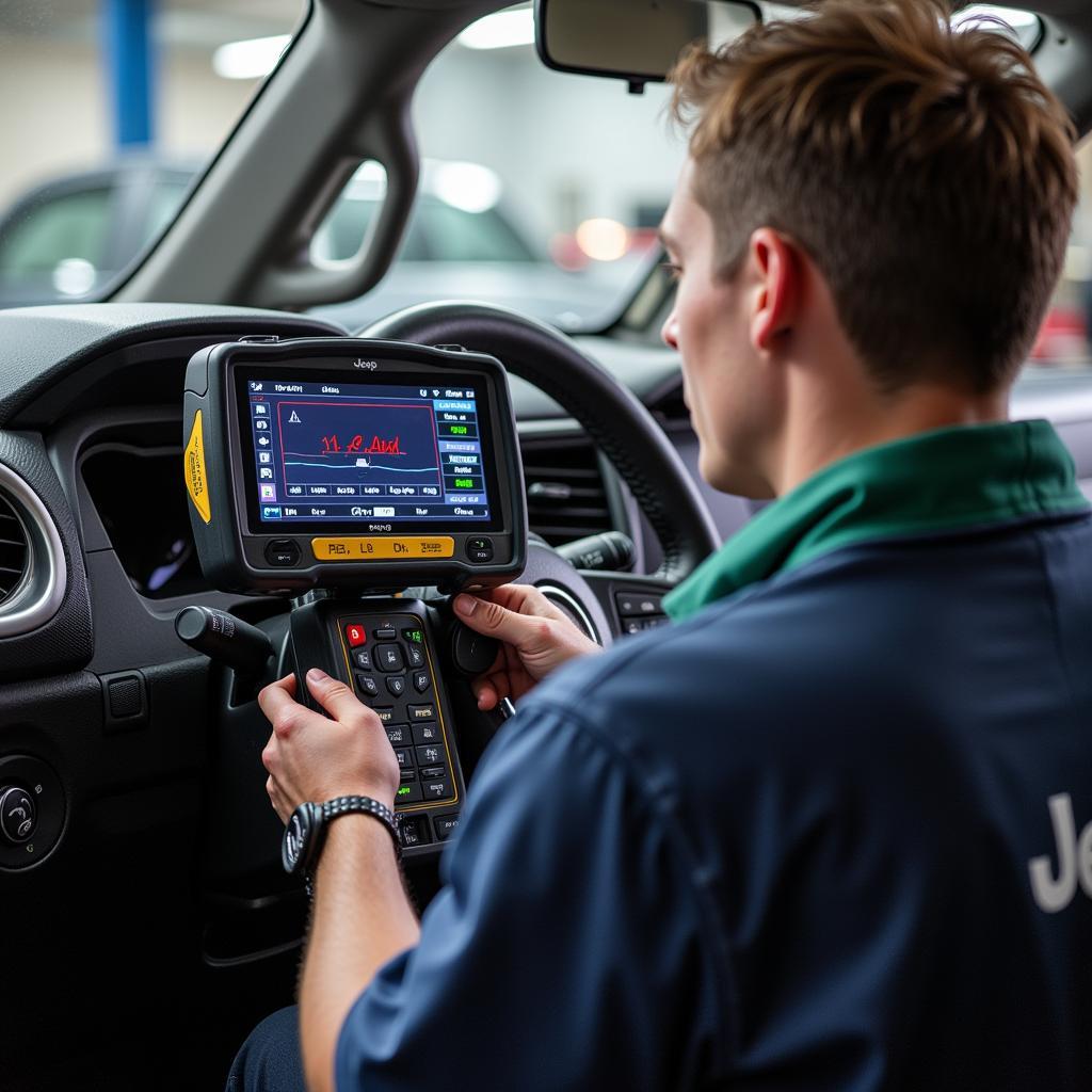 Jeep Technician Diagnosing Car with Computer