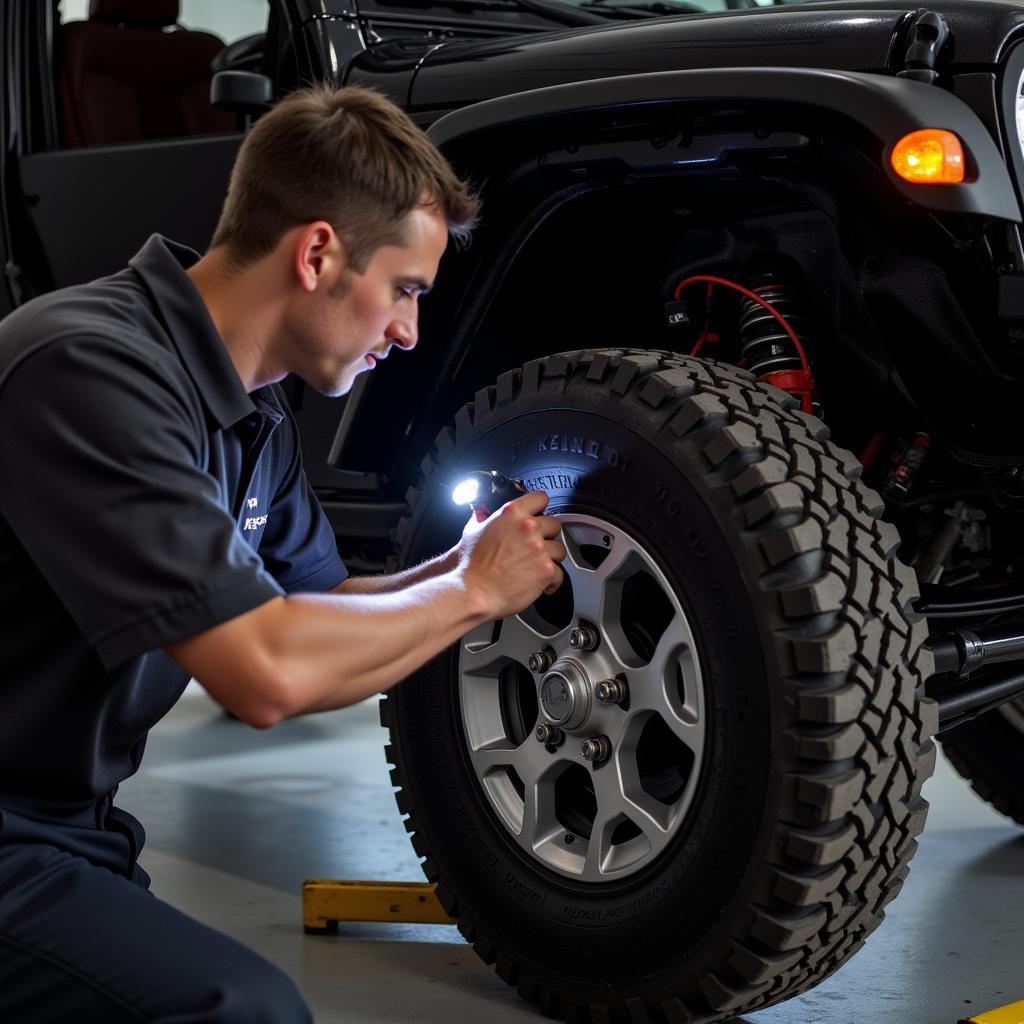 Inspecting brake lines on a Jeep Wrangler for leaks