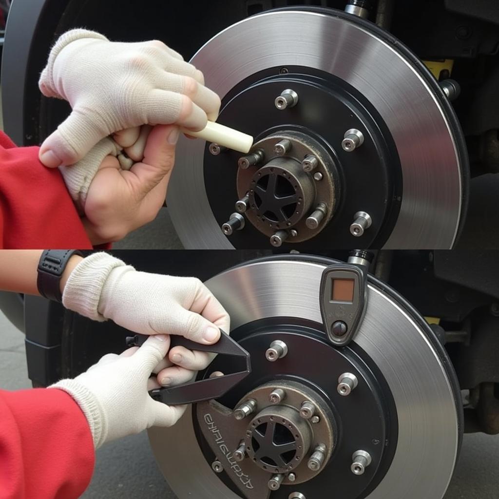 Checking the thickness of brake pads on a Land Rover Discovery