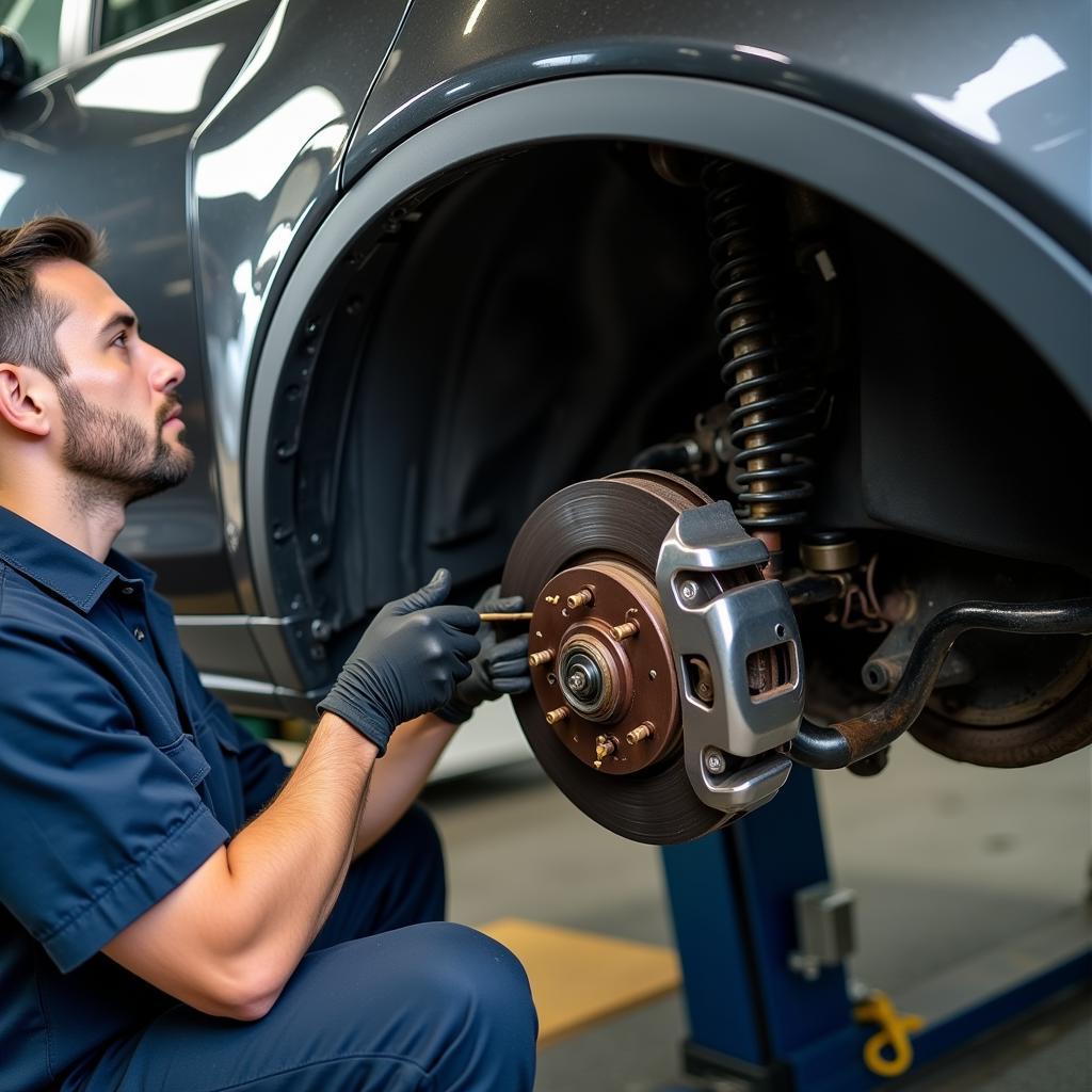 Professional inspecting the brake system of a Land Rover Discovery