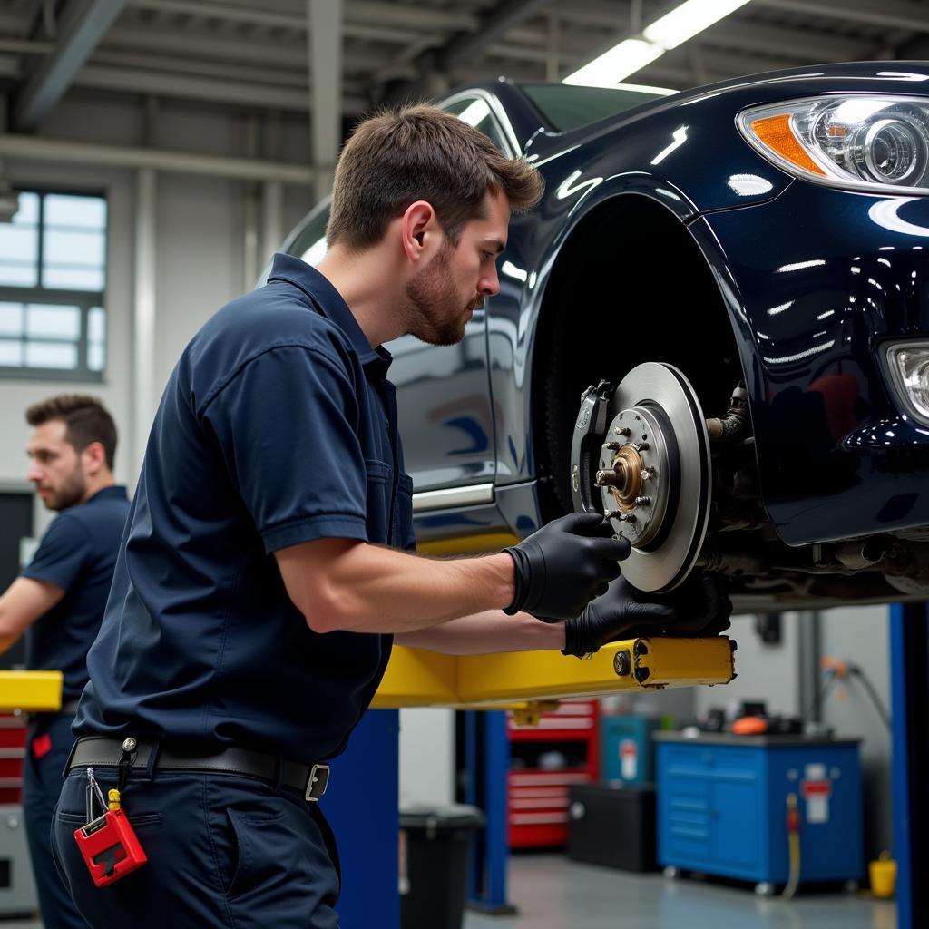 mechanic inspecting the brake system of a Lexus LS460