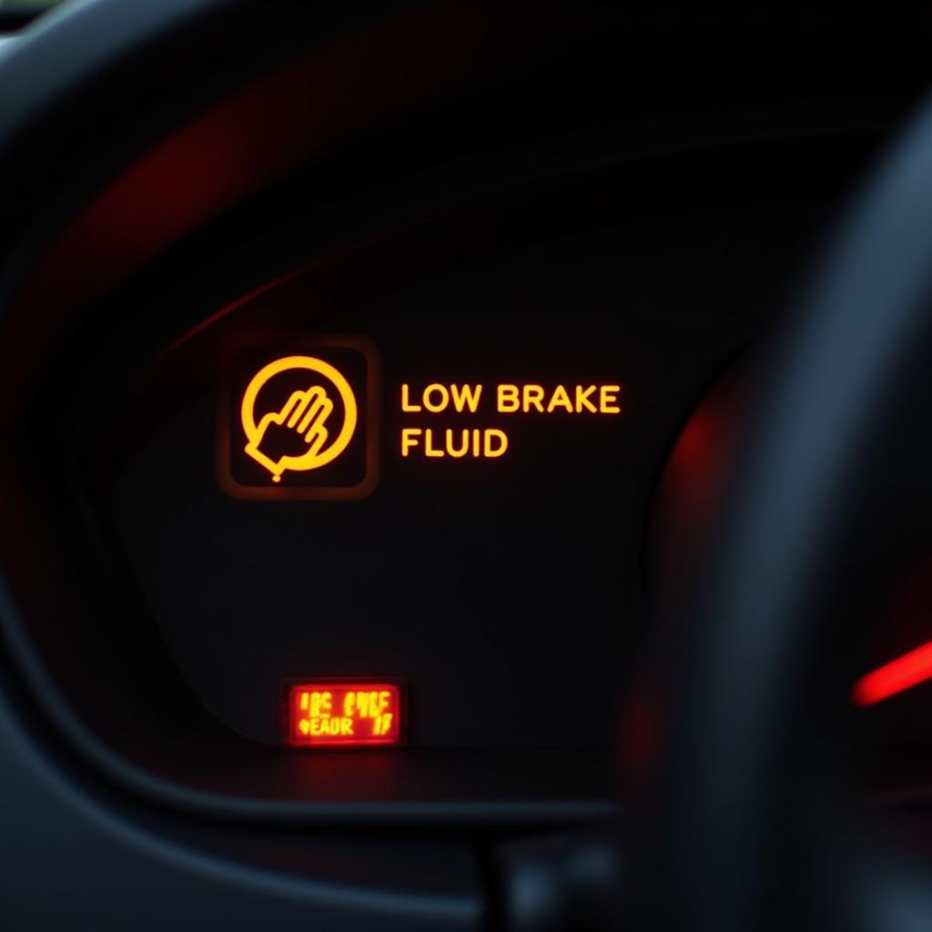 Car dashboard showing low brake fluid warning light