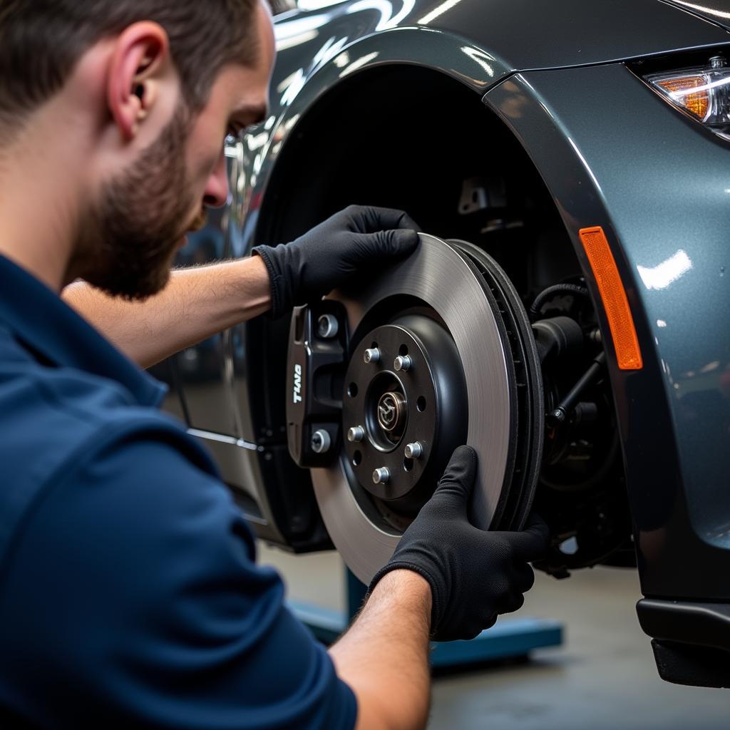 Mechanic Inspecting Mazda MX-5 Brakes