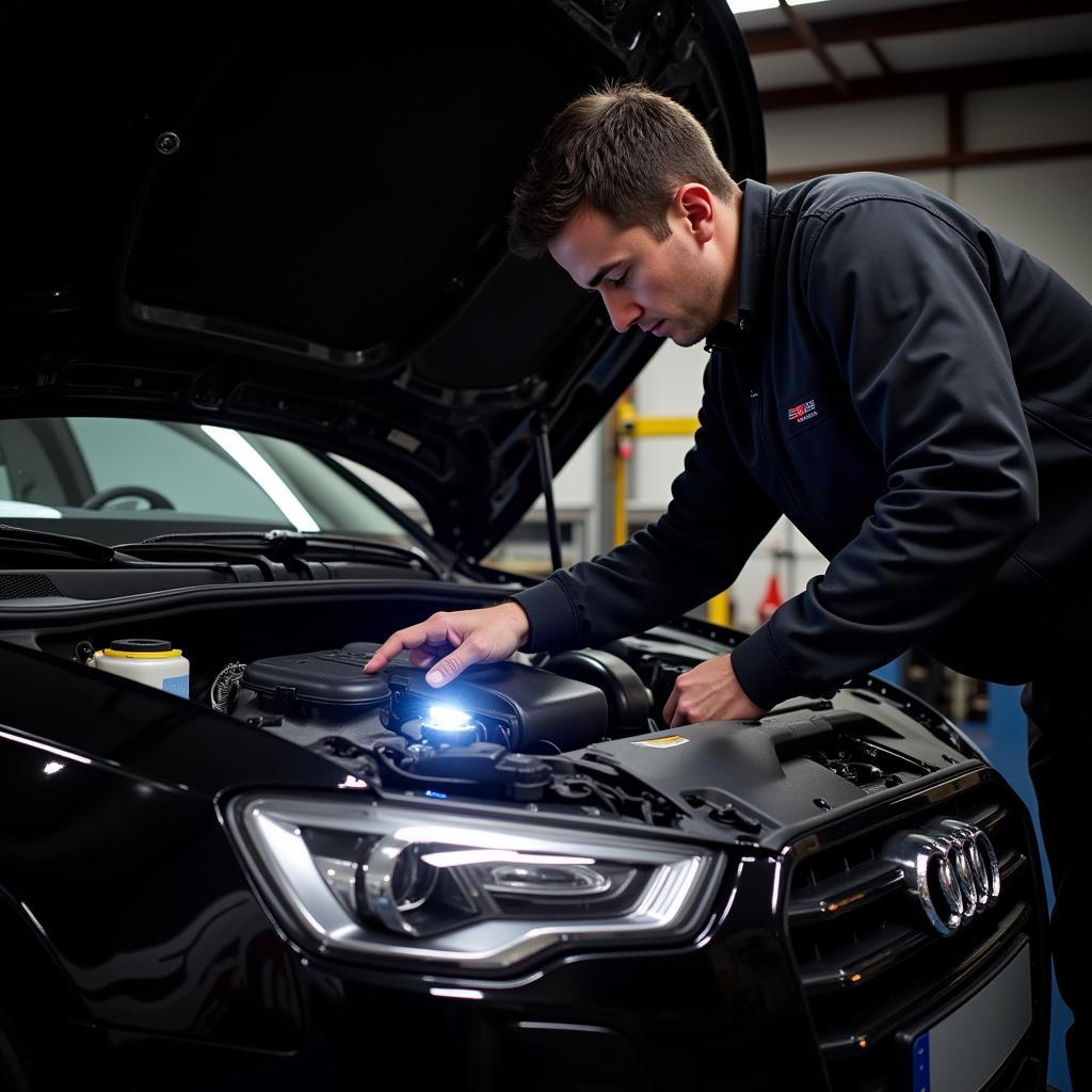 Mechanic inspects the brake fluid reservoir of a 2015 Audi A3