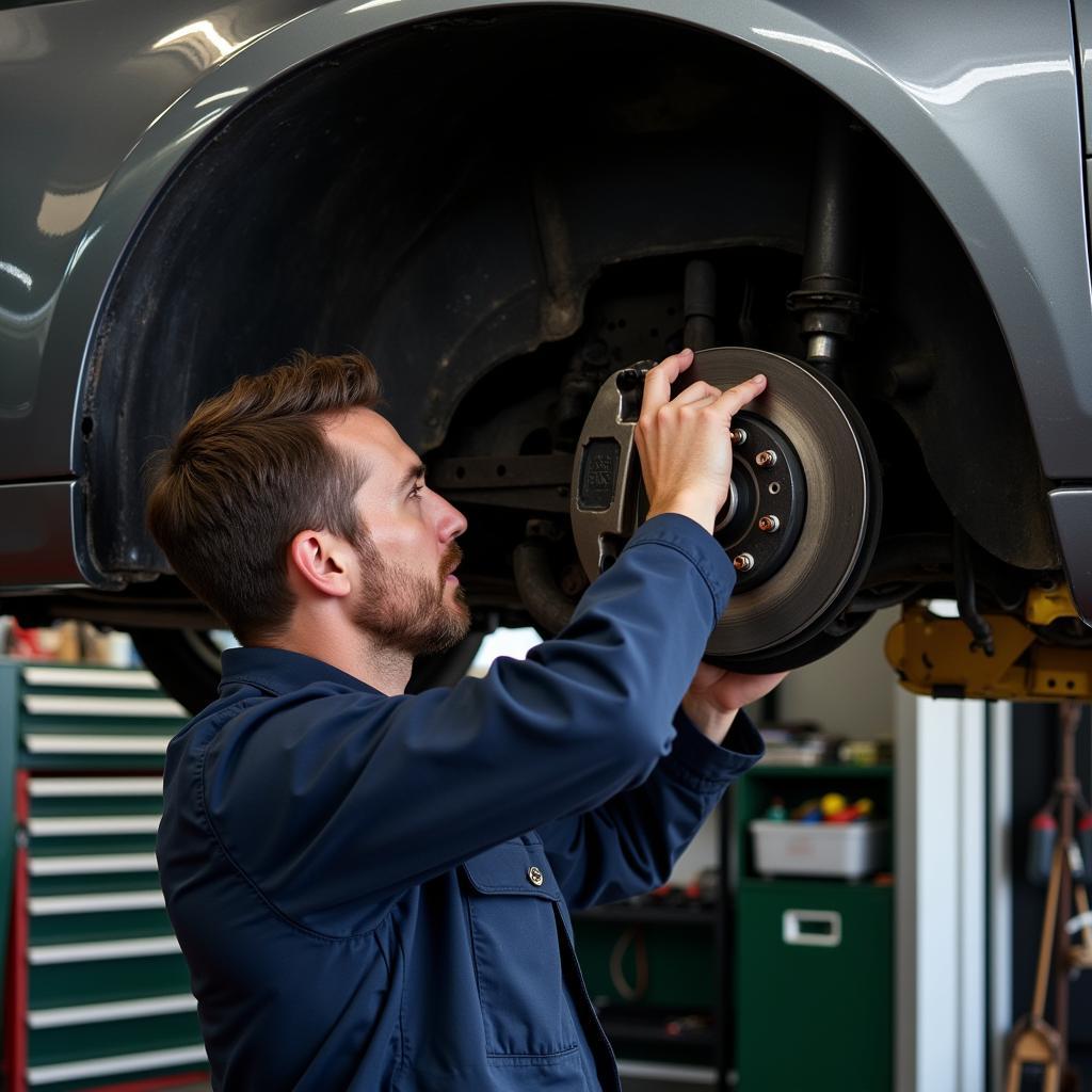 Mechanic inspecting car brakes