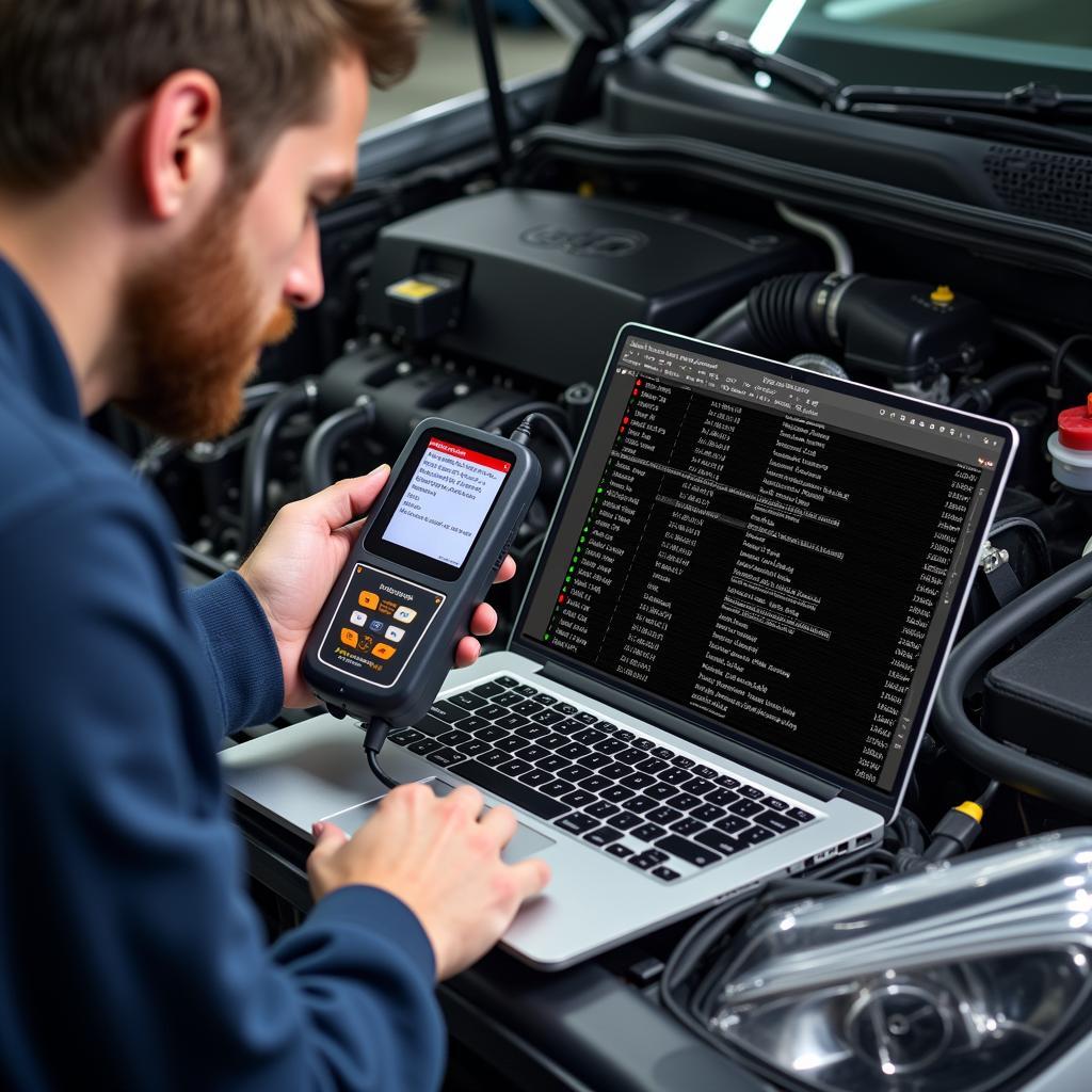 Mechanic diagnosing ABS issue using scanner