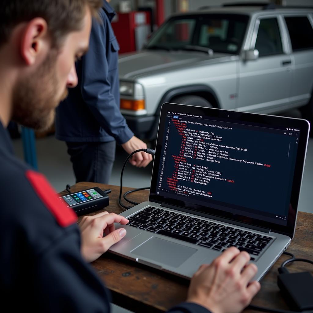 Mechanic Diagnosing Anti-Brake Warning Light Using a Scan Tool